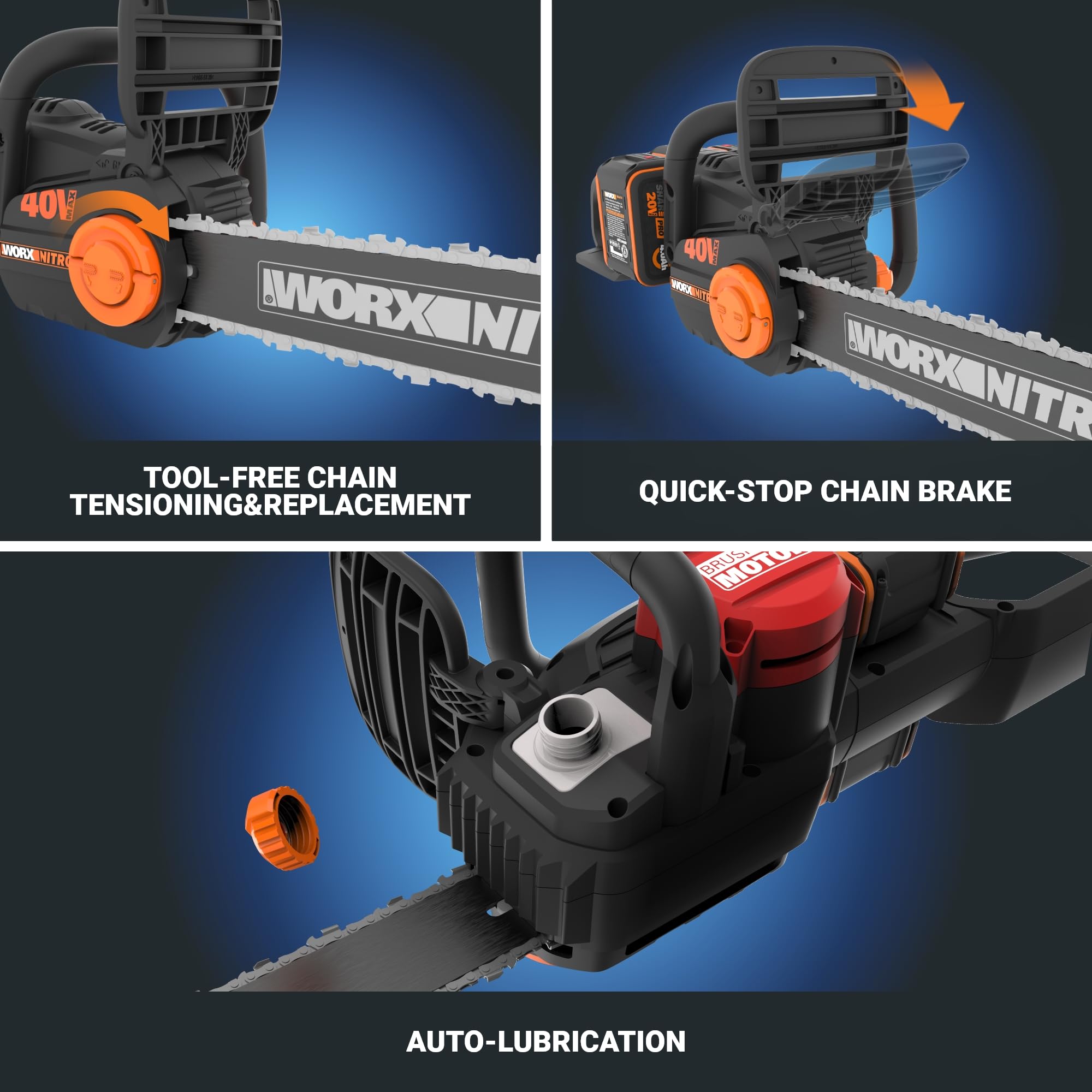 Worx Nitro 40V 16-Inch Cordless Brushless Chainsaw with 4.0Ah Battery - WG385.9 - Perfect for Tree Trimming, Firewood Cutting, and Yard Maintenance