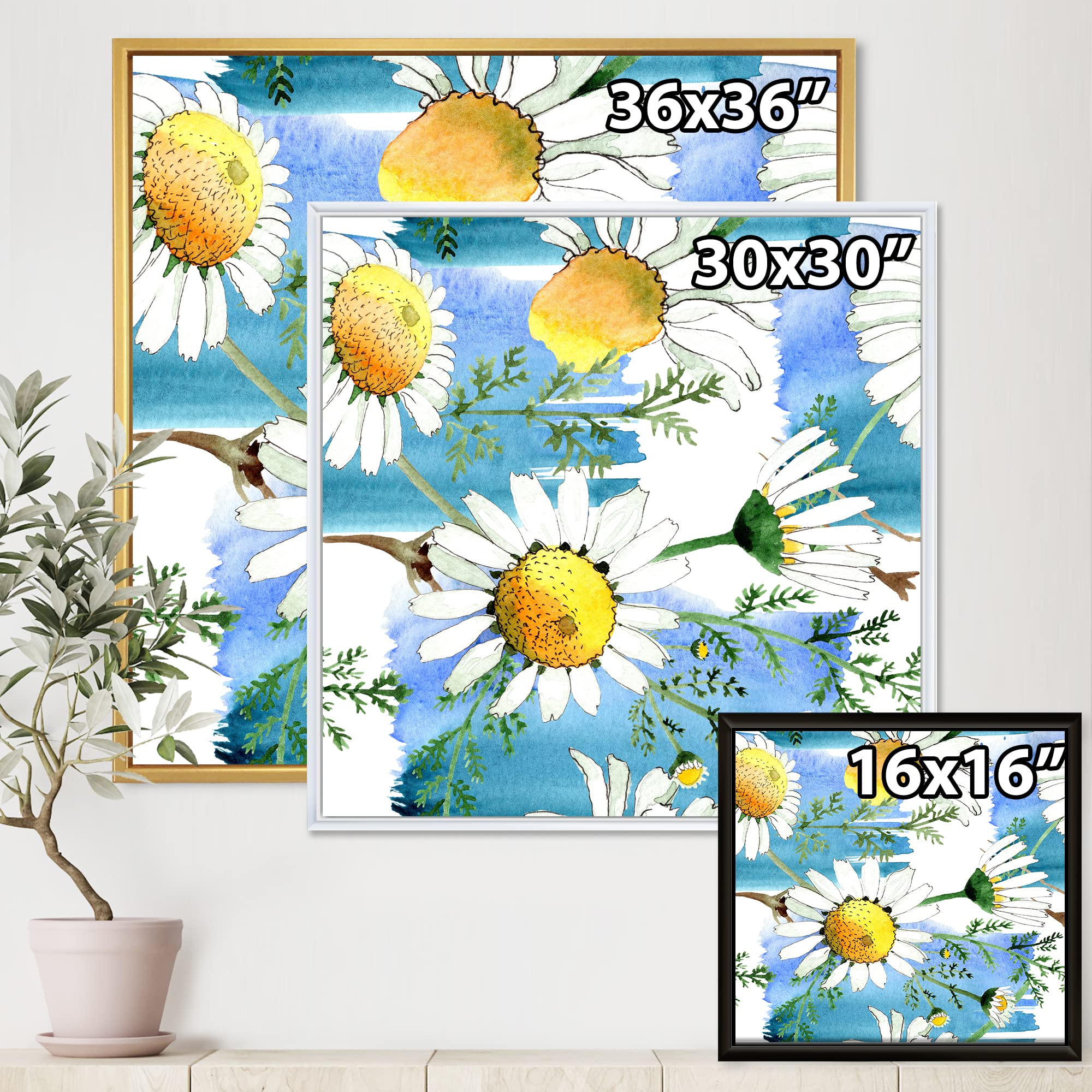 DesignQ Wild Spring Chamomile Flowers Framed Canvas Wall Art Print - Home Decor, Living Room, Bedroom, Office Wall Hanging