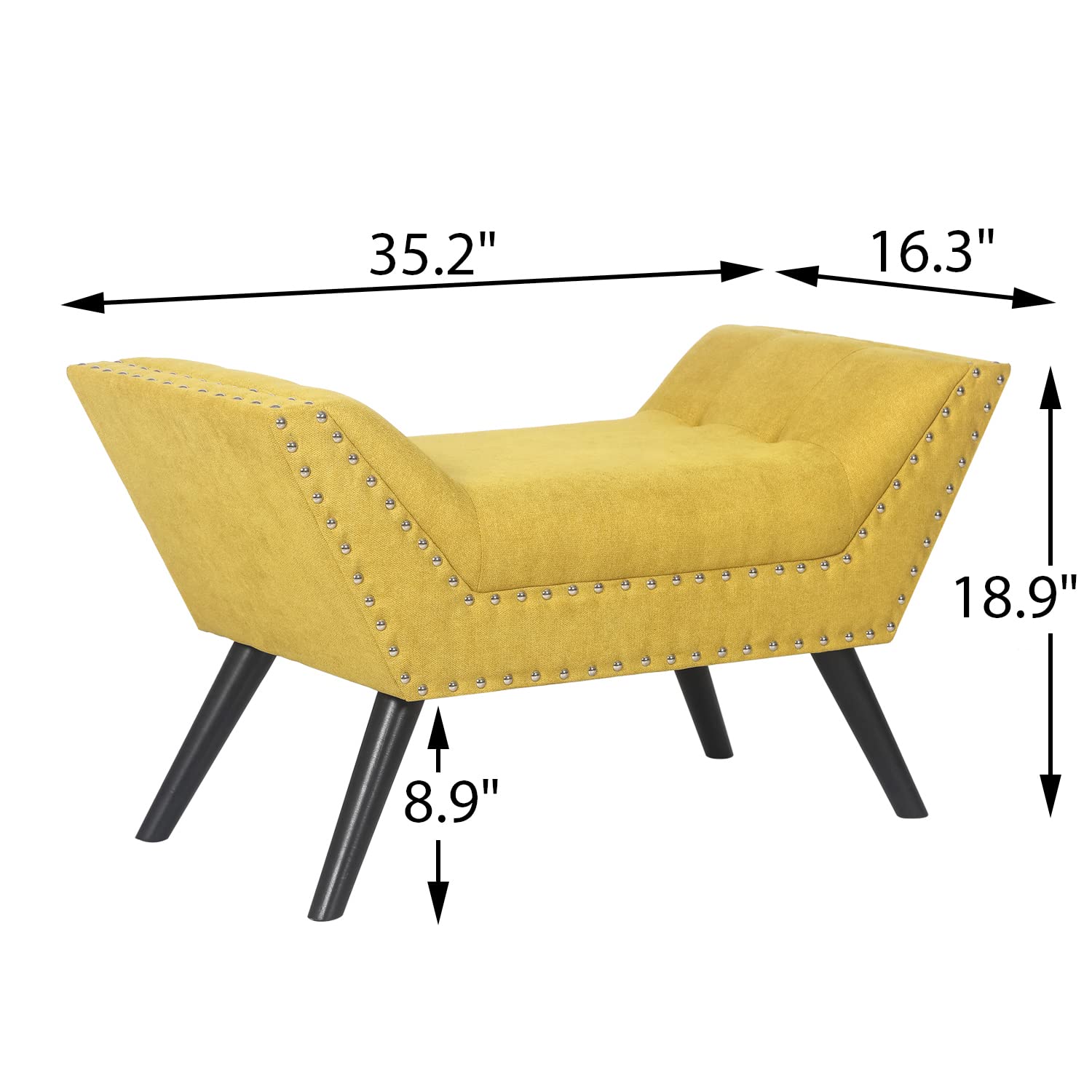 Modern Upholstered Fabric Ottoman Bench with Tufted Design, Wooden Legs & Nailhead Trim - Yellow Accent Bench for Bedroom, Living Room & Entryway | Perfect for Extra Seating, Footrest & Home Decor