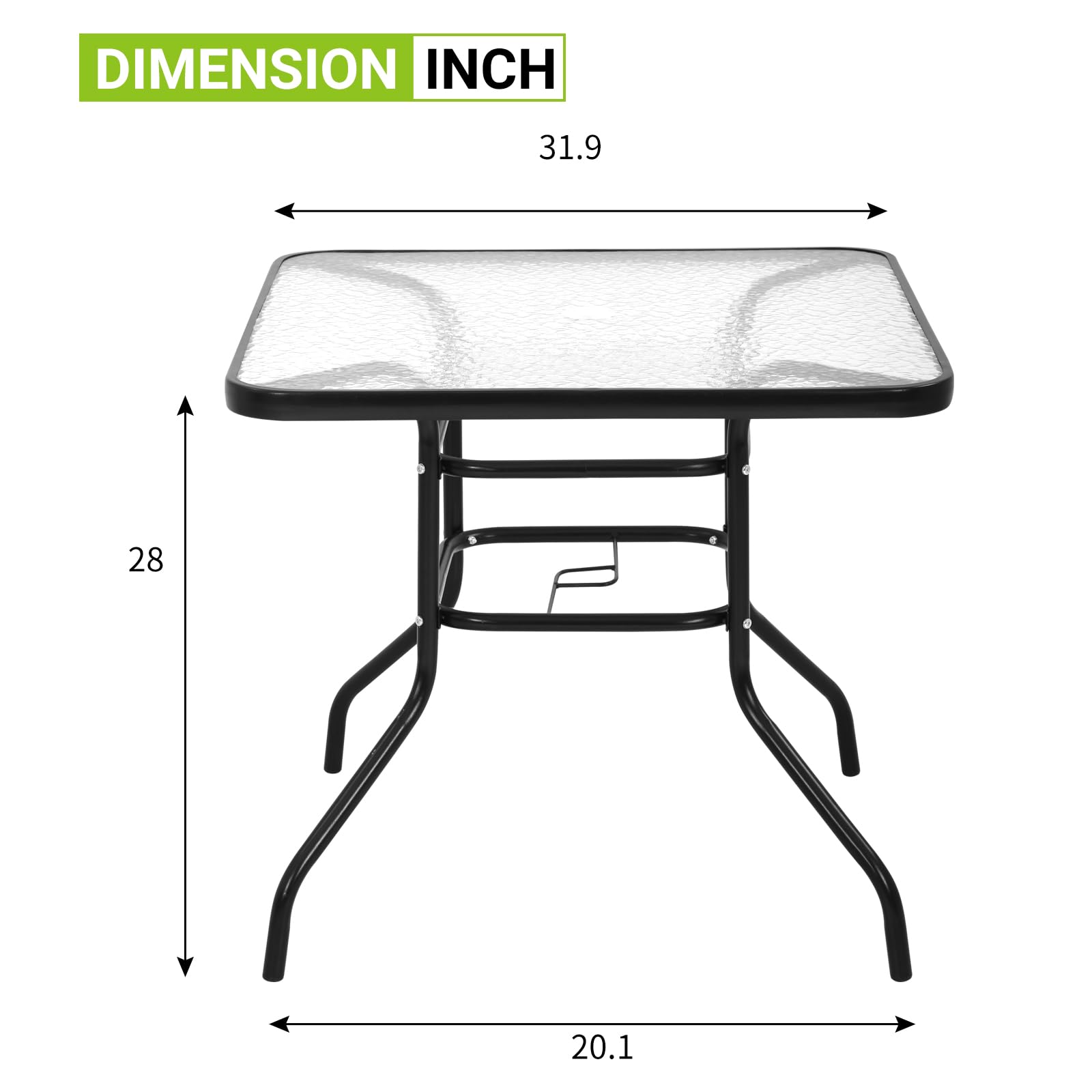 32'' Square Outdoor Bistro Table with Tempered Glass Top & Umbrella Hole - Patio Dining Set for Garden, Lawn, Balcony, Yard, Bars & Restaurants | Perfect for Al Fresco Meals, BBQs & Outdoor Entertaining