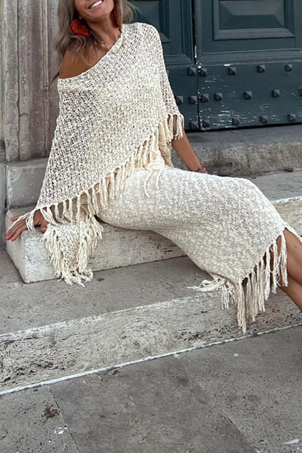 Stylish Sunset Breeze Hollow Out Tassel Knit Cover Up Top - Beachwear, Poolside, Summer Vacation Outfit