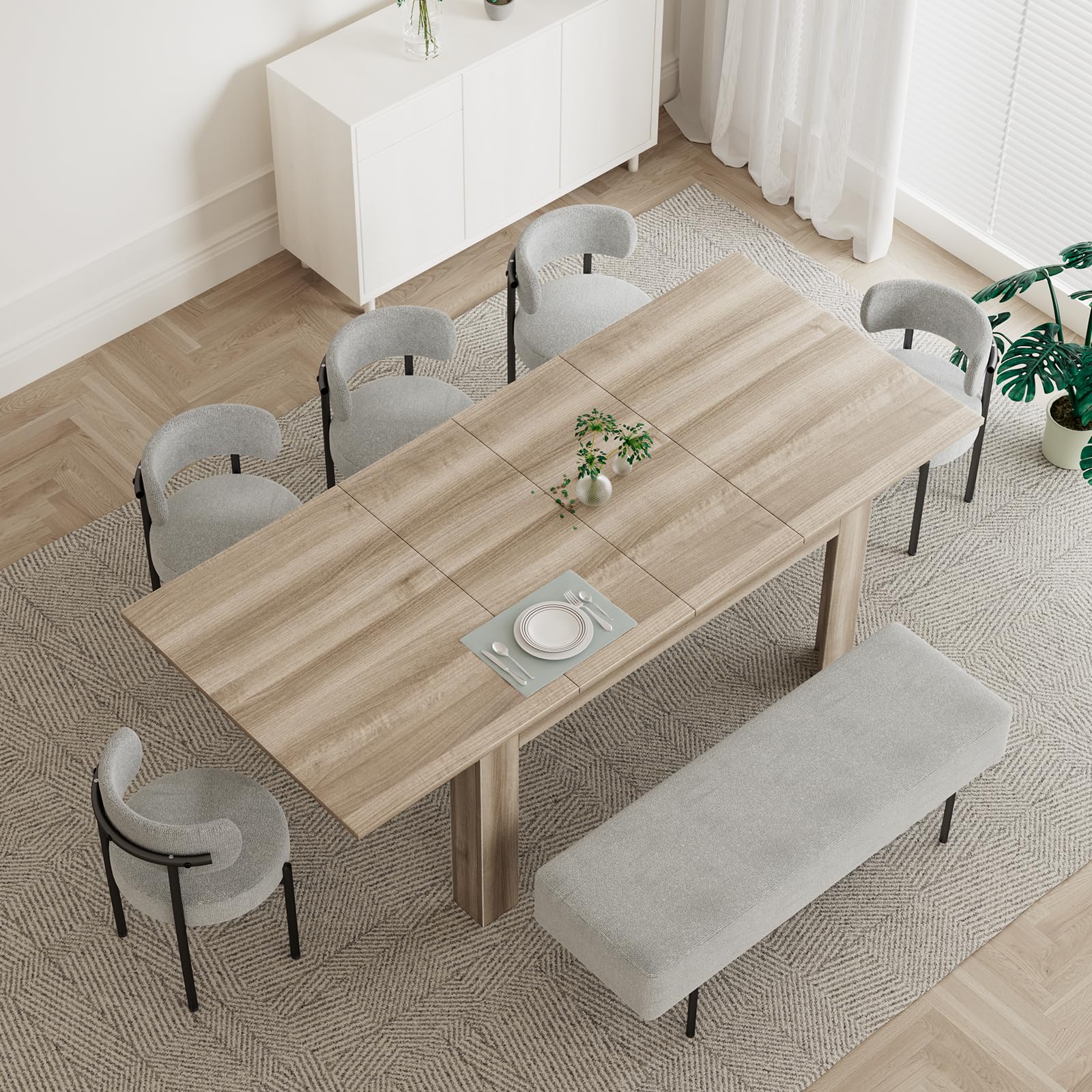 Extendable Oak Farmhouse Dining Table for 6-10 People, Large Rectangular Plank and Beam Kitchen Table for Living Room, Meeting Space, and Family Gatherings