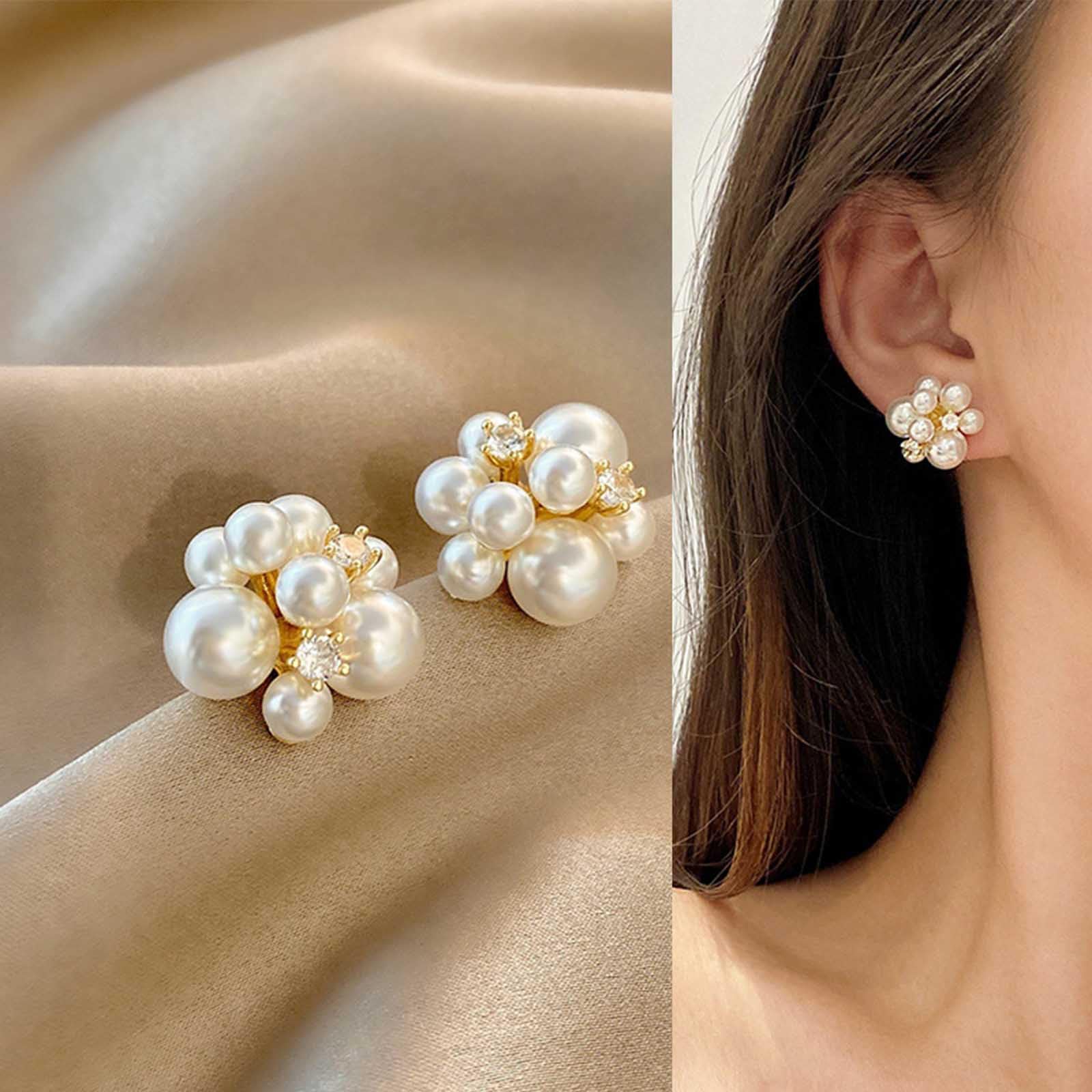 Boho Pearl Cluster Stud Earrings for Women - French Ball Drop Dangle Earrings with Rhinestones - Simulated Pearl Bridal Wedding Jewelry - Perfect for Boho Chic, Casual Wear, and Special Occasions