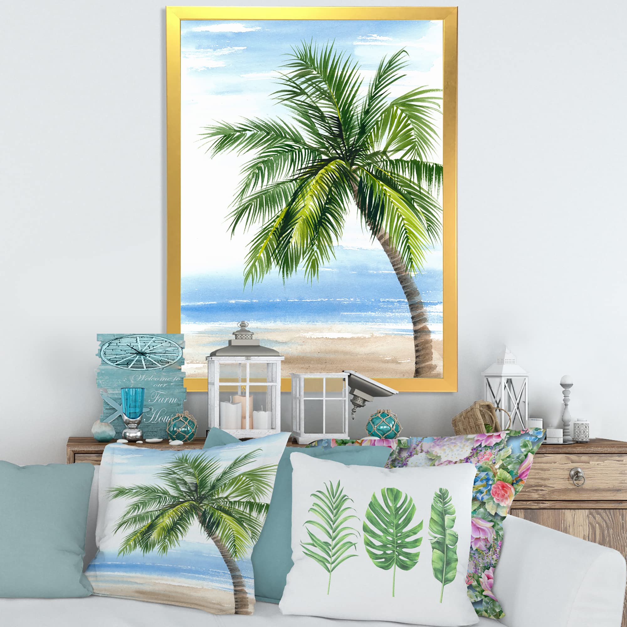 DesignQ Palm Tree At The Beach Resort Nautical & Coastal Framed Wall Art - Tropical Beach Decor for Living Room, Bedroom & Office - Perfect Coastal Theme Home Decor & Gift Idea
