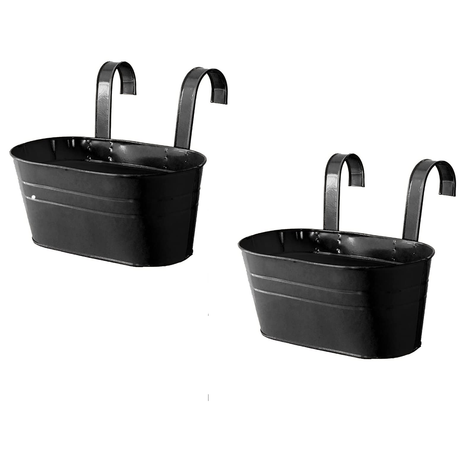 GREENSTORE 2 Pack Black Metal Hanging Flower Pots - Oval Iron Railing Planter with Detachable Hooks for Balcony, Garden, Fence - Wall Mounted Plant Holder for Home Decor (Perfect for Outdoor & Indoor Plants, Herbs, Succulents)