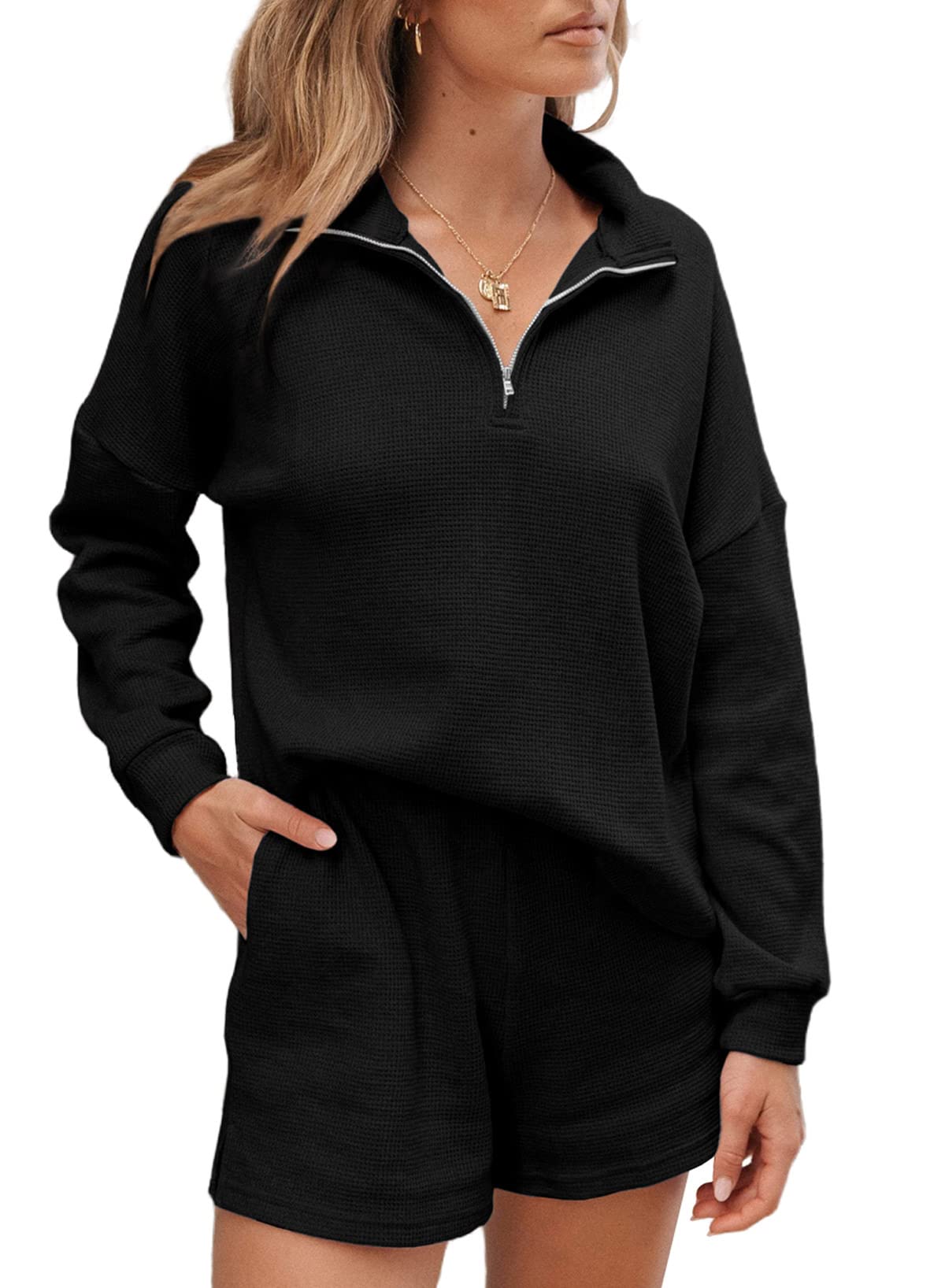 Aleumdr Women's 2 Piece Lounge Set - Soft Waffle Knit Long Sleeve Top & Shorts with Pockets | Cozy Matching Outfit for Home, Travel & Casual Wear | 2025 Fashion Trend