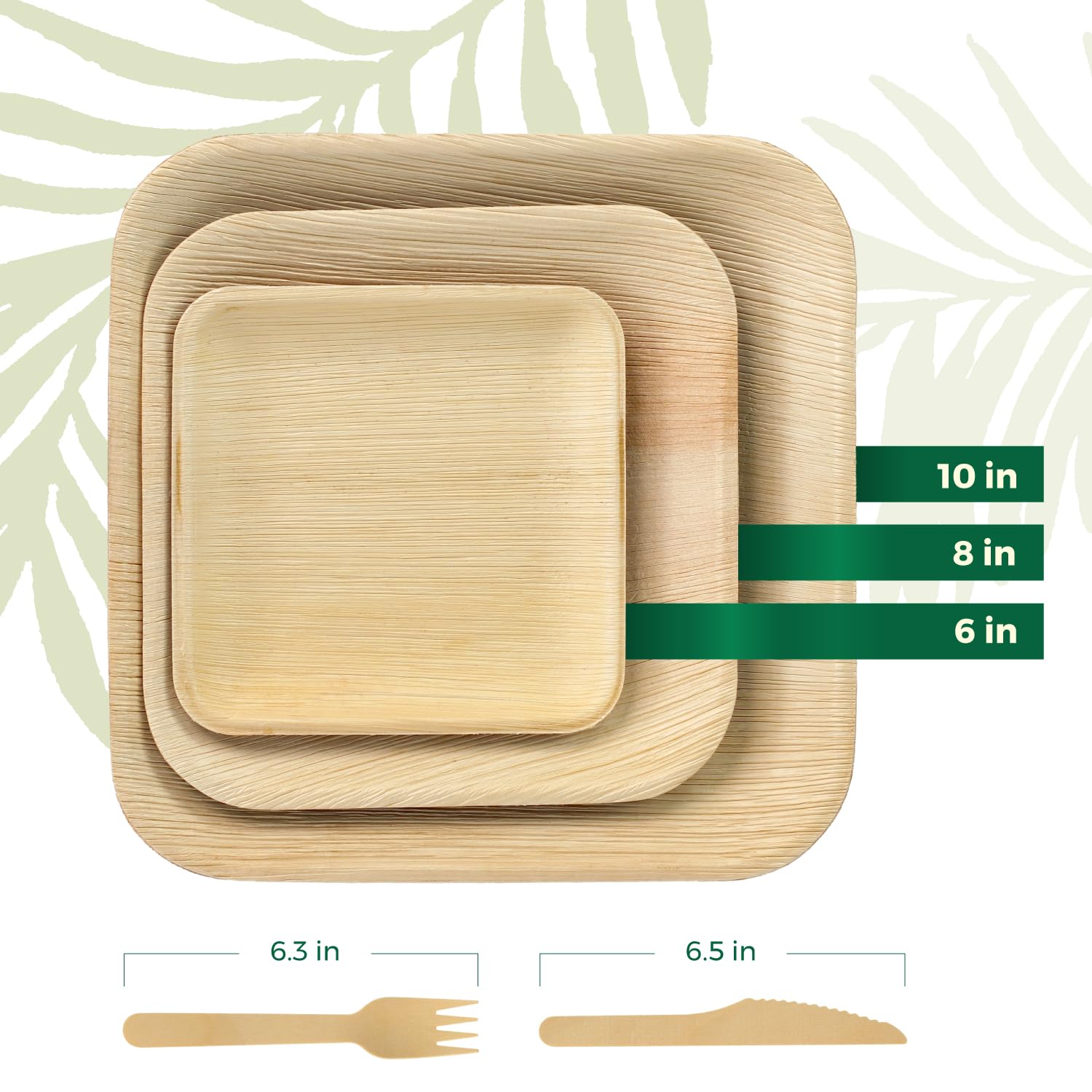 300-Pack Eco-Friendly Compostable Square Palm Leaf Dinnerware Set - 100 of 8