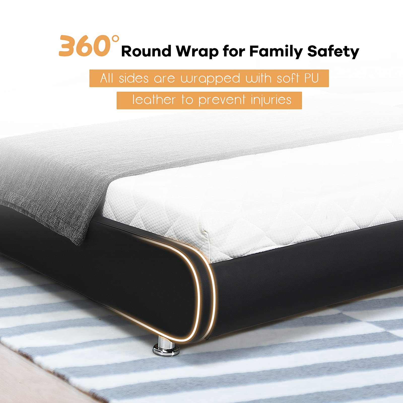 Giantex Full Size Upholstered Platform Bed Frame with Adjustable Headboard - Faux Leather Low Profile Curved Design, Wood Slat Support, No Box Spring Needed - Perfect for Modern Bedrooms, Guest Rooms & Small Spaces
