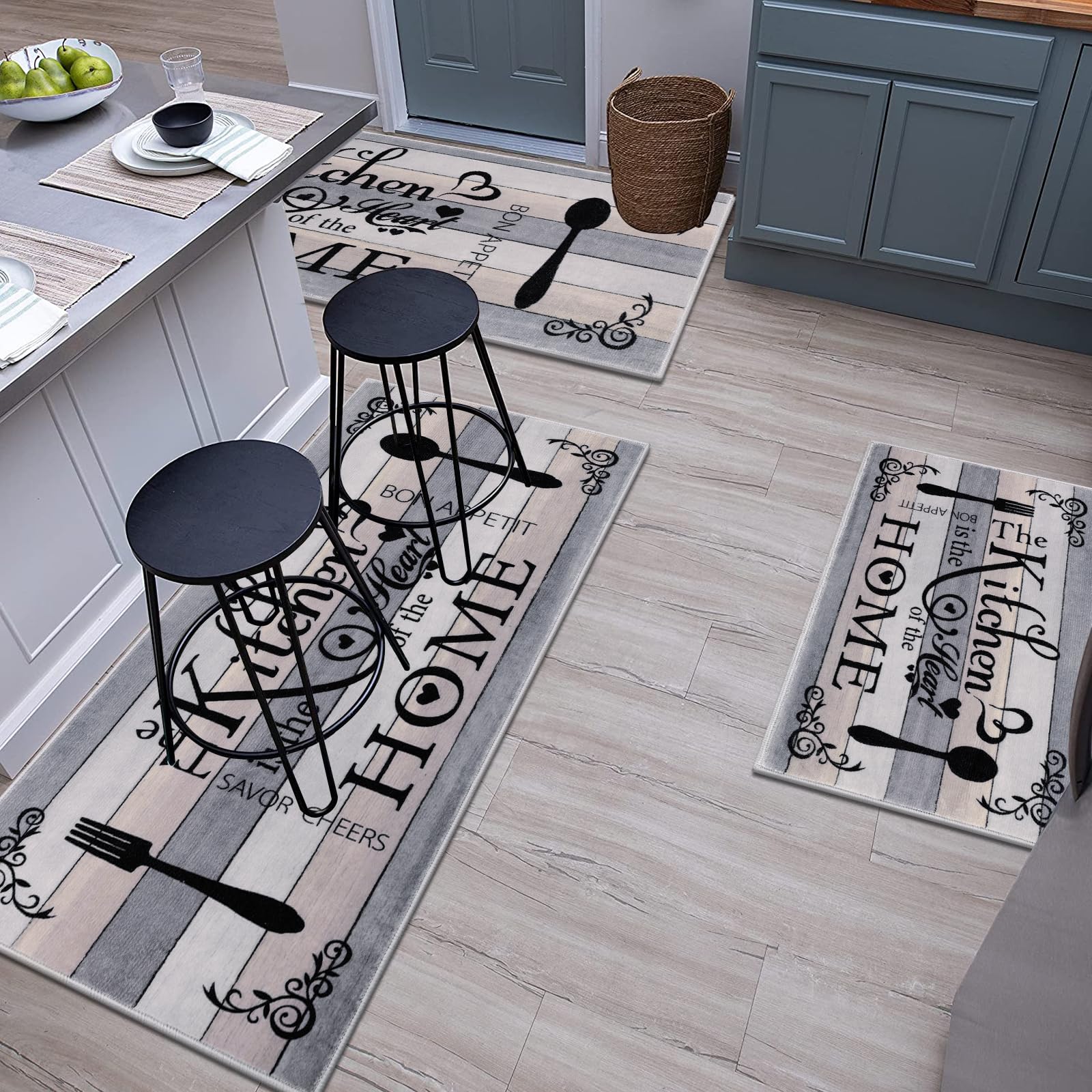 Vaukki Boho Kitchen Rug Set - Washable Non-Slip Floor Mats for Kitchen, Laundry & Hallway (Grey/Beige) - Perfect for Boho Home Decor