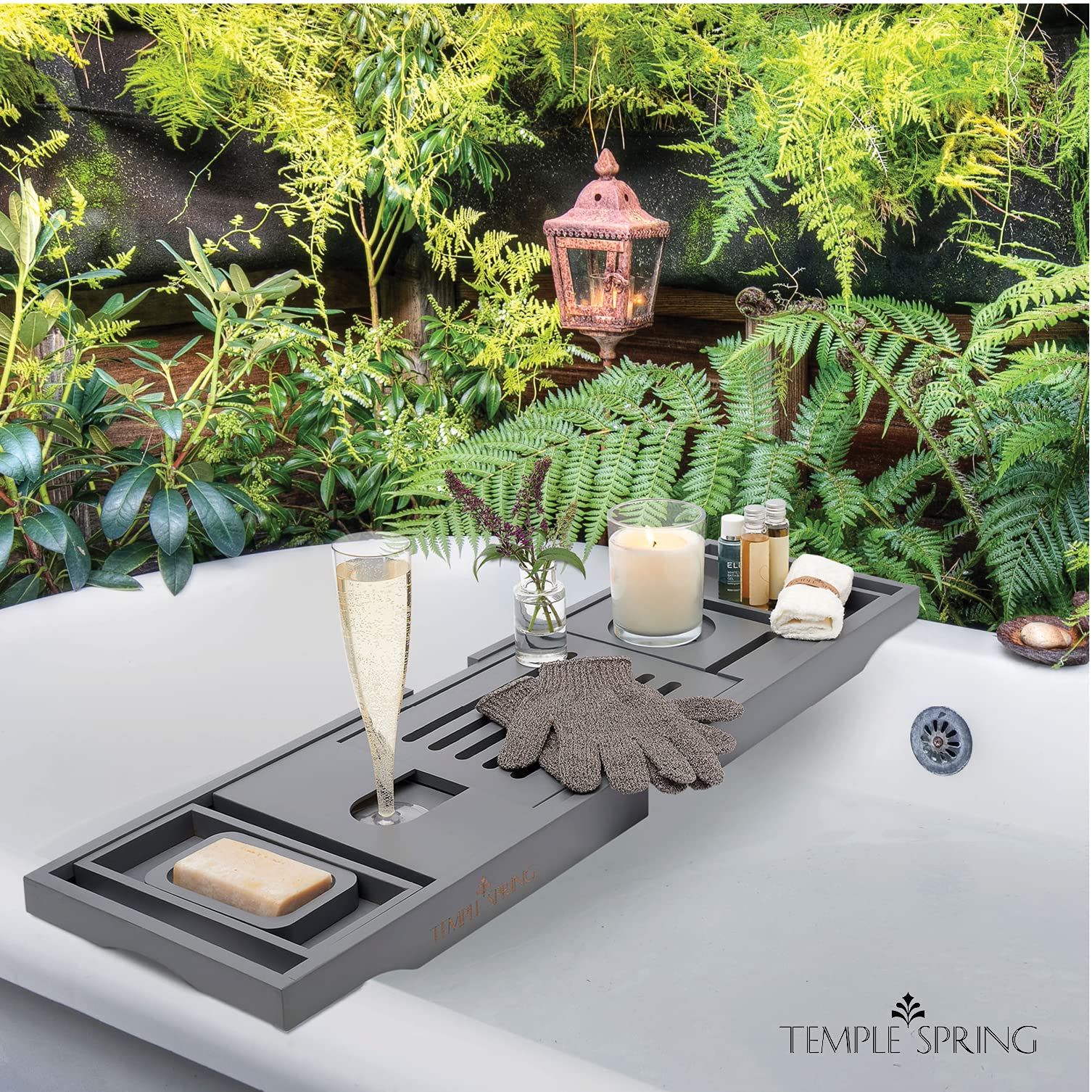 Premium Bamboo Bathtub Tray with Slate Grey Finish - Spa-Quality Wooden Tub Caddy for Bath Essentials, Books & Wine - Perfect Relaxation Accessory for Home Spa & Bubble Baths