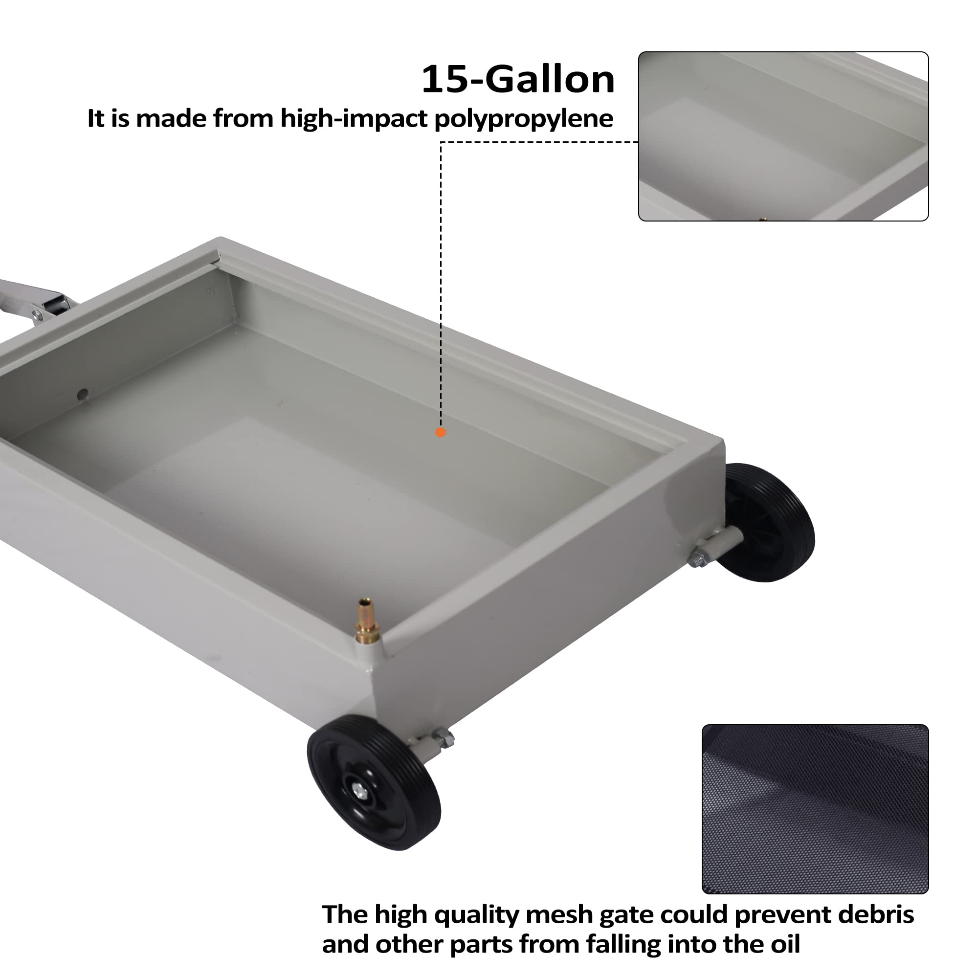 15 Gallon Oil Drain Pan with Hand Pump - Portable Low Profile Oil Change Tank for Cars, SUVs & Trucks - Large Capacity Drain Pan with Hose & Swivel Casters Wheels - Perfect for DIY Auto Maintenance & Garage Oil Changes