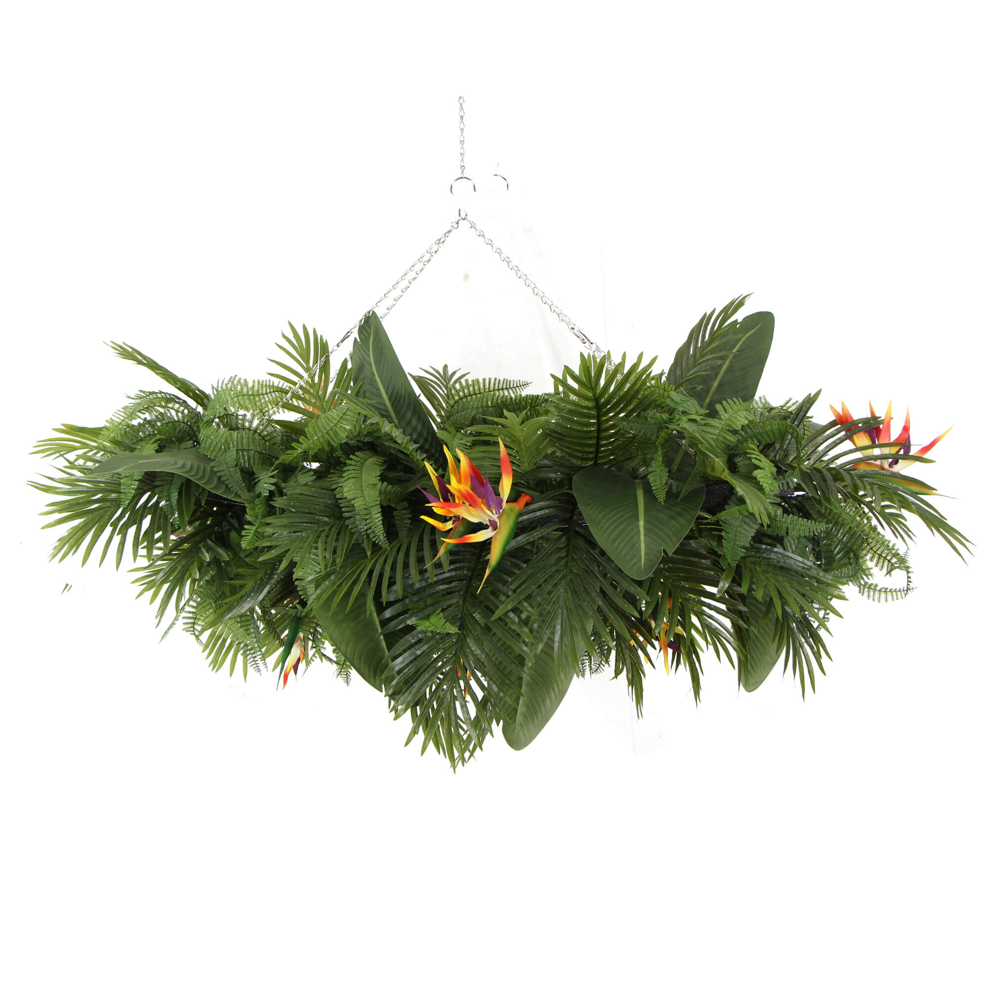 Artificial Hanging Plant Arrangement with Tropical Flowers - 100cm x 30cm Rectangular Mesh Planter with Lush Foliage for Home, Office, and Outdoor Decor