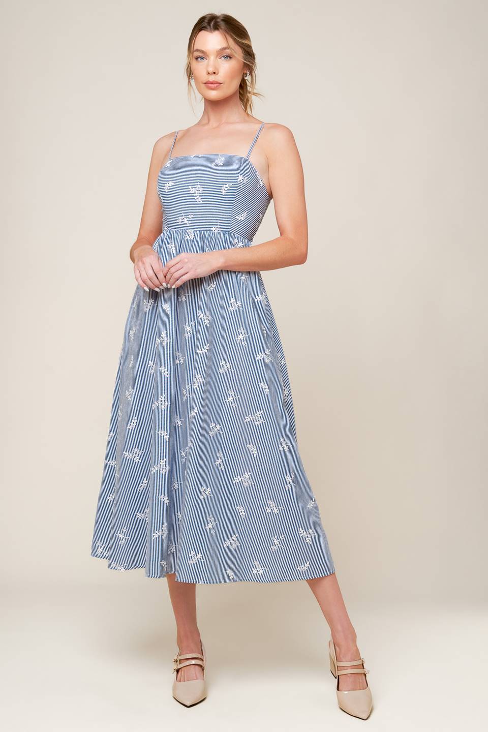 LAYTON EMBROIDERED MIDI DRESS - Blue Floral Summer Dress for Women, Perfect for Beach Vacation, Garden Party & Casual Outings
