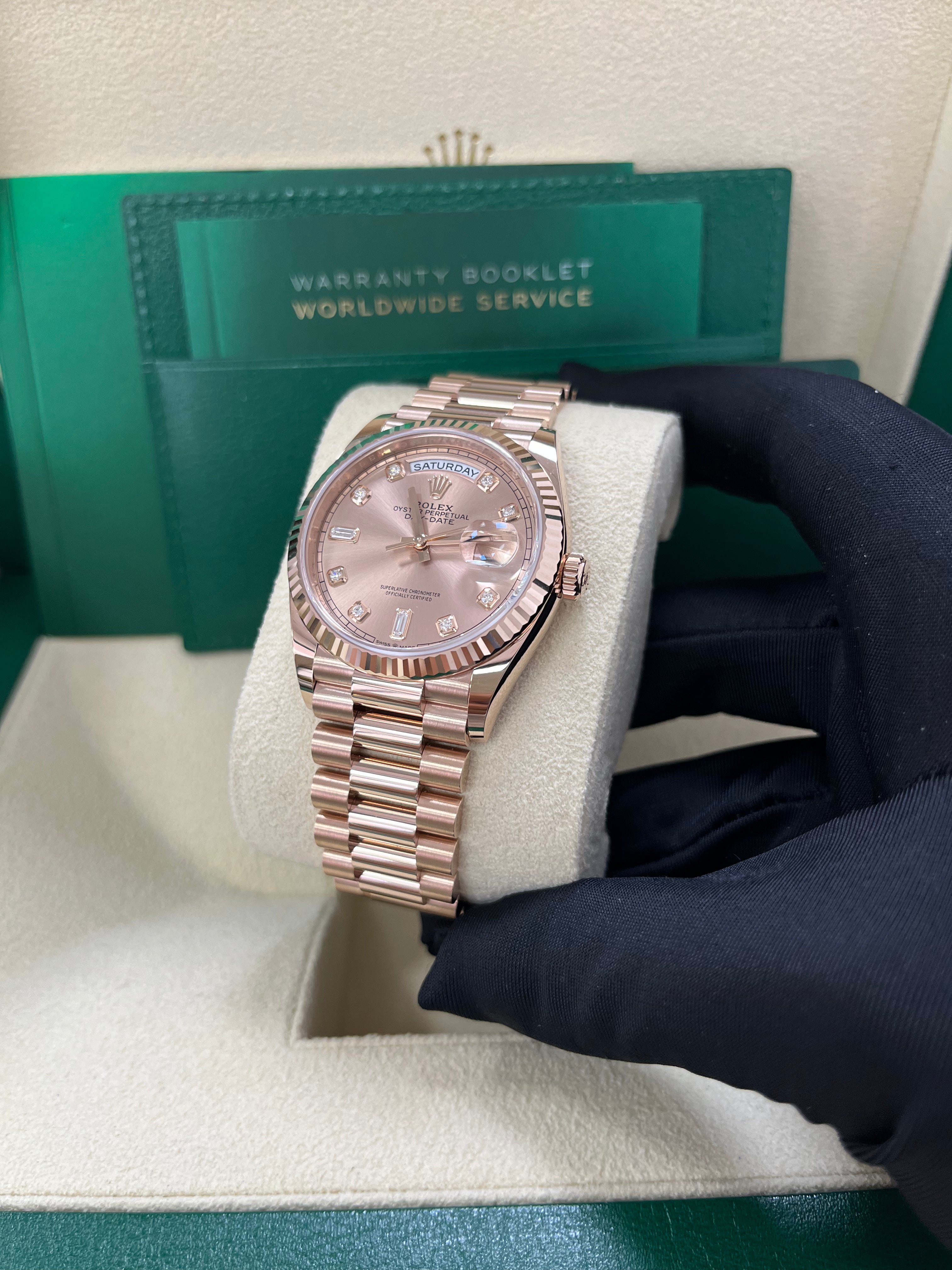 Rolex Day-Date 36 Everose Gold Watch - Fluted Bezel, Rose Diamond Dial, President Bracelet (Ref. 128235) | Luxury Dress Watch for Business & Formal Occasions