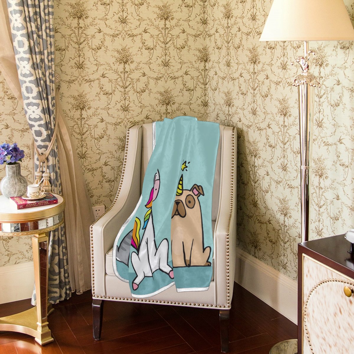 Velvet Plush Thermal Blanket with Unicorn Cat & Pug Print - 60x90 Inch Soft Throw for Couch, Bed, Sofa & Car - Cozy Gift for Kids & Adults