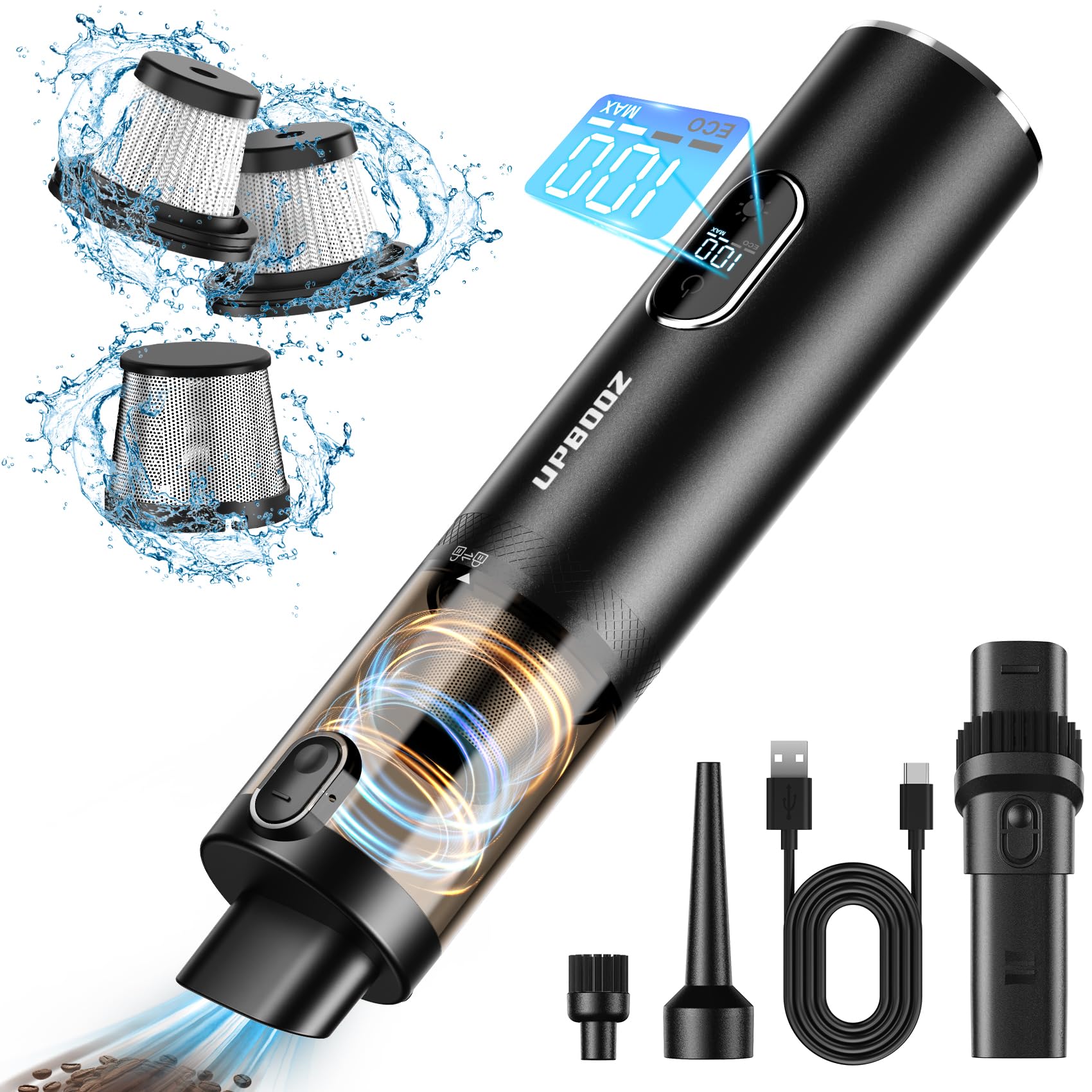 Upbooz 14000PA Cordless Handheld Vacuum - Powerful Portable Car Vacuum Cleaner with LED Light & Air Duster 2-in-1, Rechargeable Mini Vac for Home, Car, Pet Hair & Office Use | Low Noise | Ideal for Car Detailing, Pet Grooming & Quick Home Cleanups