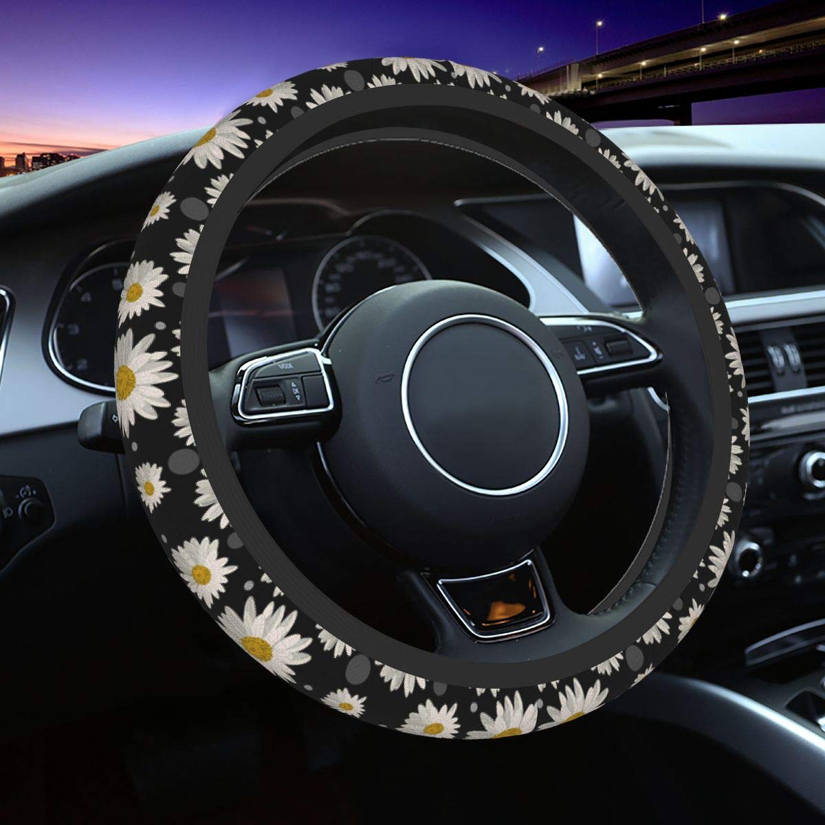 Delerain White Daisies Steering Wheel Cover - Anti-Slip Elastic Car Accessories, Universal 15 Inch Steering Wheel Protector for Men & Women - Perfect for Summer Driving, Road Trips, and Daily Commute
