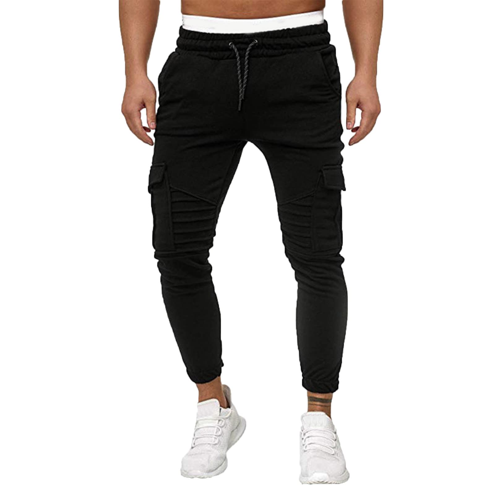 Bimgwuz Men's Slim Fit Jogger Sweatpants with Pockets - Elastic Waist Drawstring, Open Bottom Harem Cargo Pants for Golf, Running & Casual Wear - Black Skinny Trousers