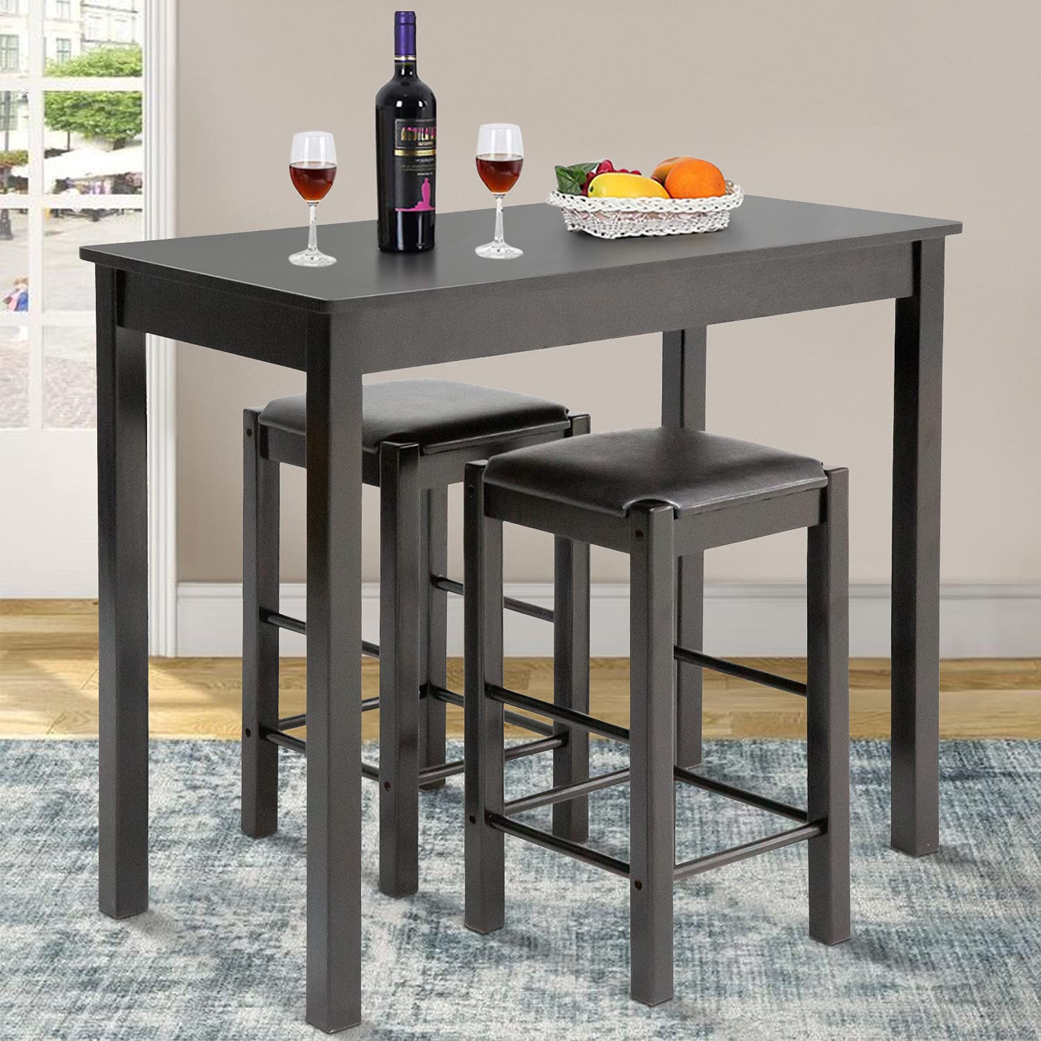 Modern 3-Piece Bar Table Set with 2 Faux Leather Stools - Kitchen & Dining Room Furniture for Small Spaces | Breakfast Nook, Apartment, Studio, Bistro & Home Decor