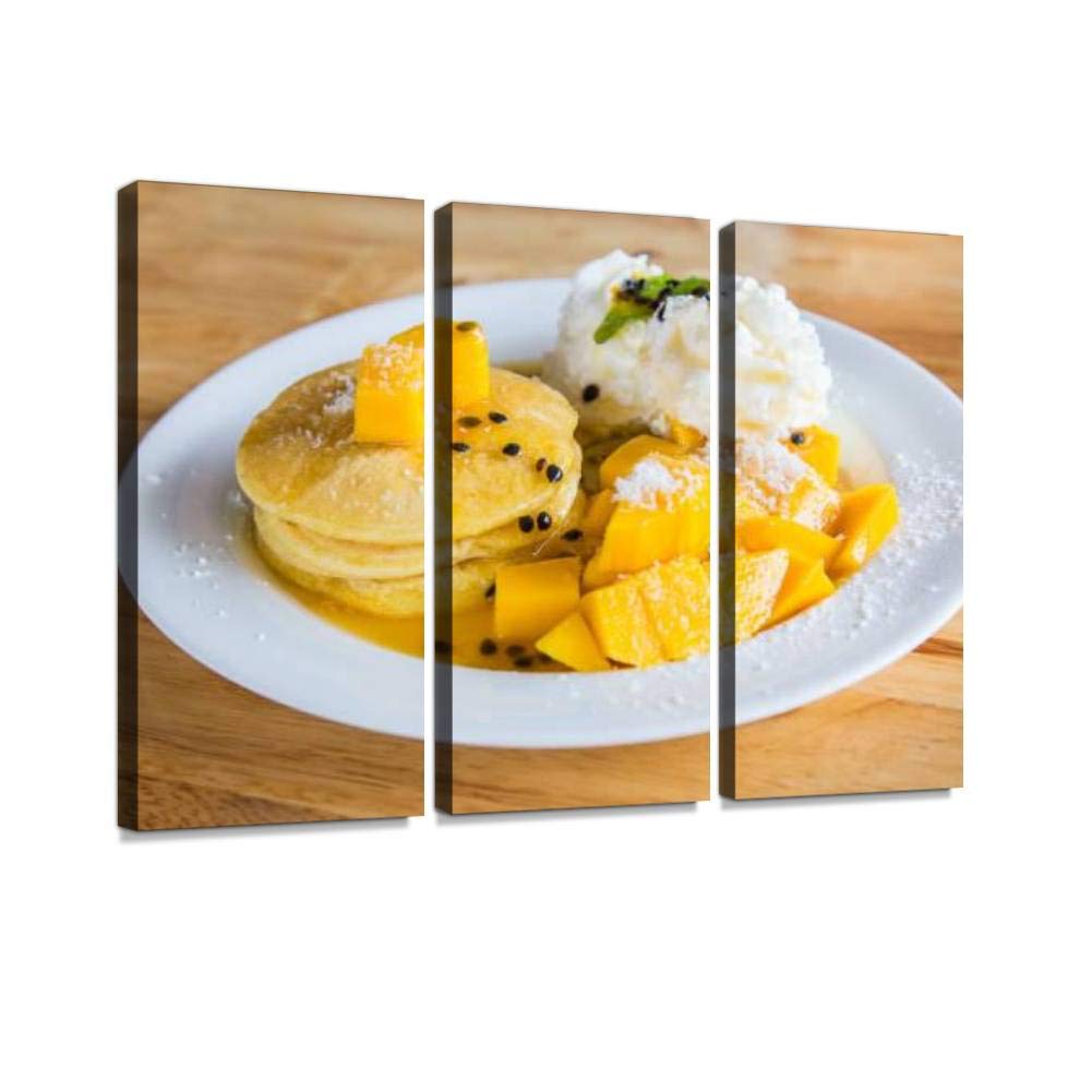 Blaverr 3-Panel Modern Canvas Wall Art - Tropical Pancake Breakfast Painting with Mango & Passion Fruit Syrup on Wooden Table - Ready to Hang Home Decor for Living Room, Bedroom, Kitchen & Dining Area - Perfect for Farmhouse, Coastal or Contemporary Interior Design Styles