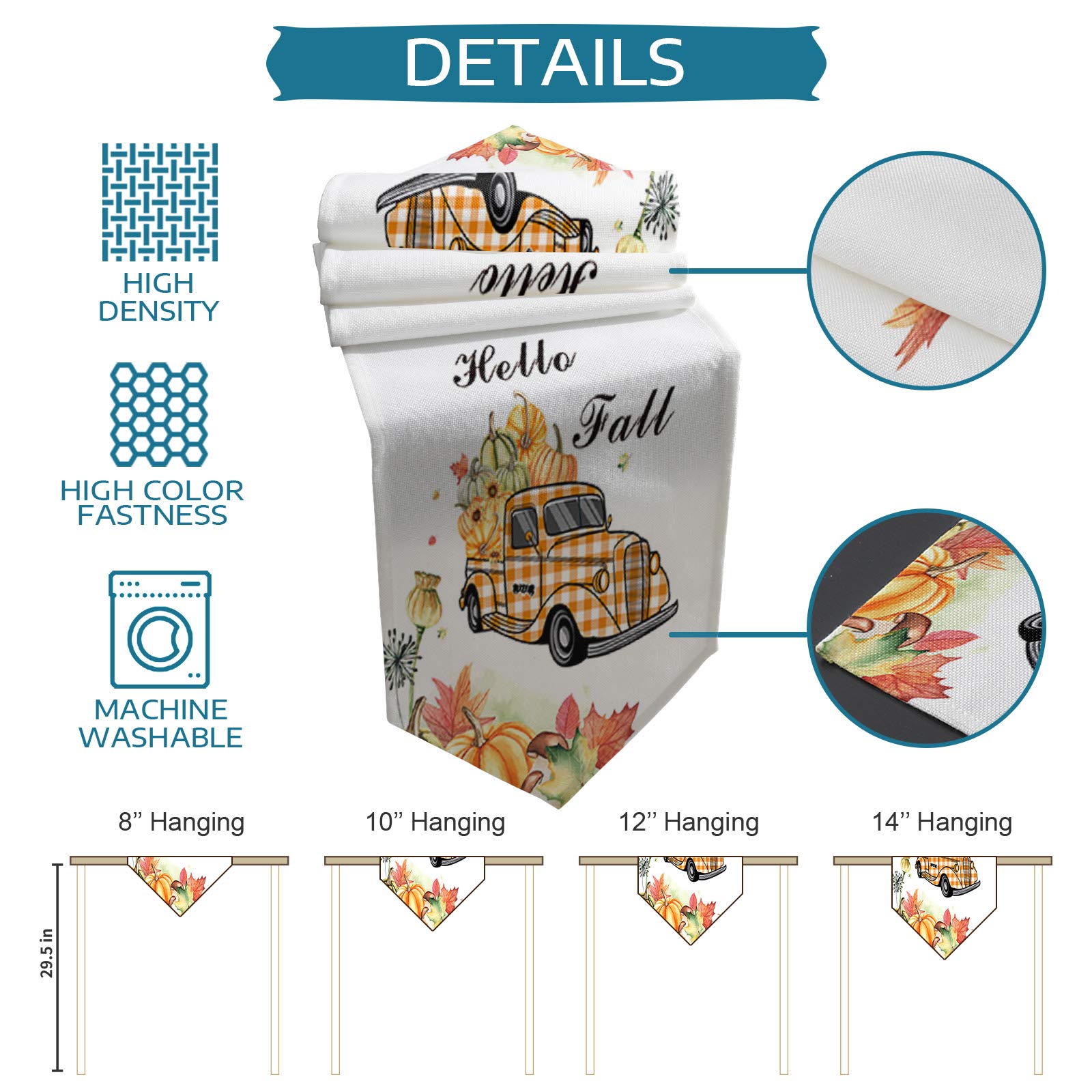 6-Piece Thanksgiving Table Runner Set - Non-Slip Placemats & Decorative Table Runner (16x72 inches) for Coffee Table, Kitchen, TV Stand - Fall Maple Pumpkin Truck Design - Perfect for Autumn Decor & Holiday Gatherings
