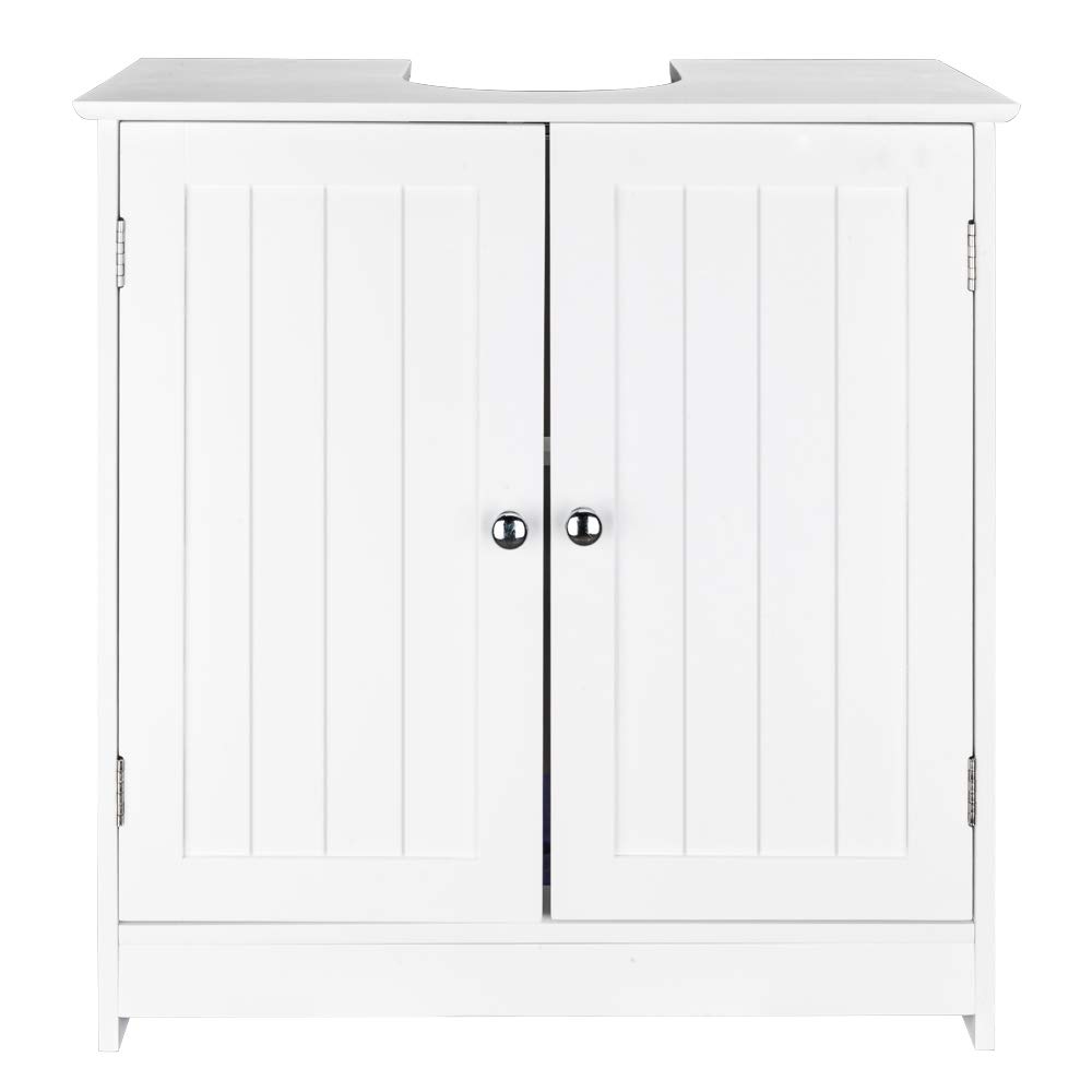 White Wooden Freestanding Pedestal Sink Storage Cabinet with Double Doors & Adjustable Shelves - Bathroom Organizer Space Saver for Small Bathrooms, Powder Rooms & Vanity Areas - Perfect for Towel Storage, Toiletries & Bathroom Essentials