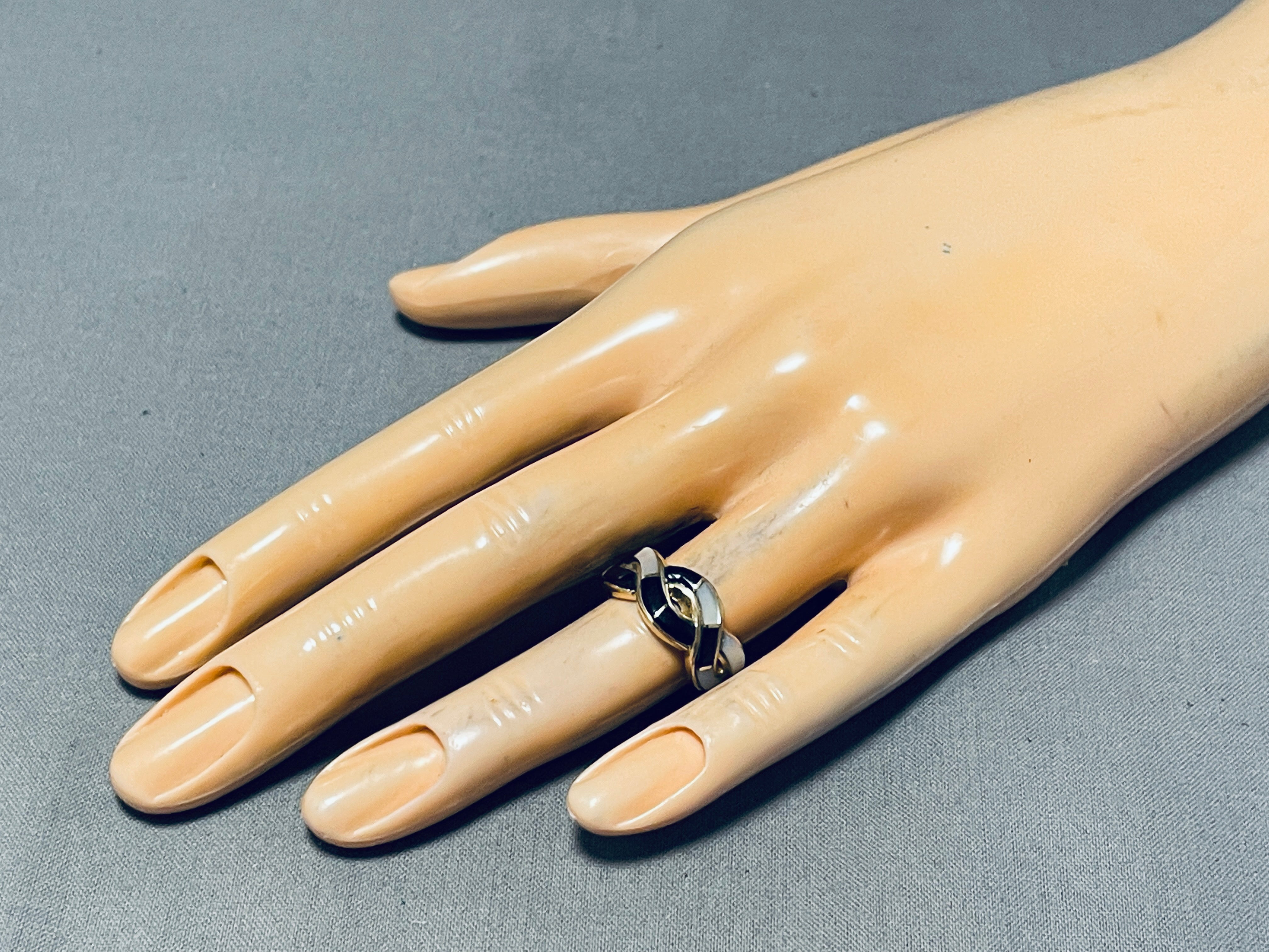 14K Solid Gold Vintage Native American Navajo Pearl Jet Ring - Handmade Southwest Jewelry for Women, Perfect for Weddings, Parties & Boho Fashion