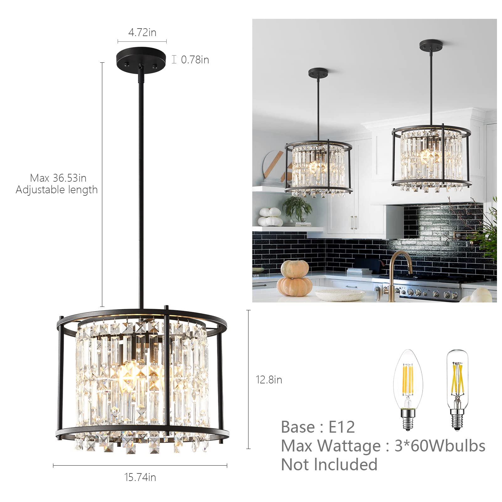 LMQNINE 3-Light Round Industrial Chandelier - 15.74 Inch Black Crystal Pendant Light Fixture for Kitchen Island, Dining Room, Living Room & Entryway | Modern Farmhouse Lighting for Home Decor & Restaurant Ambiance