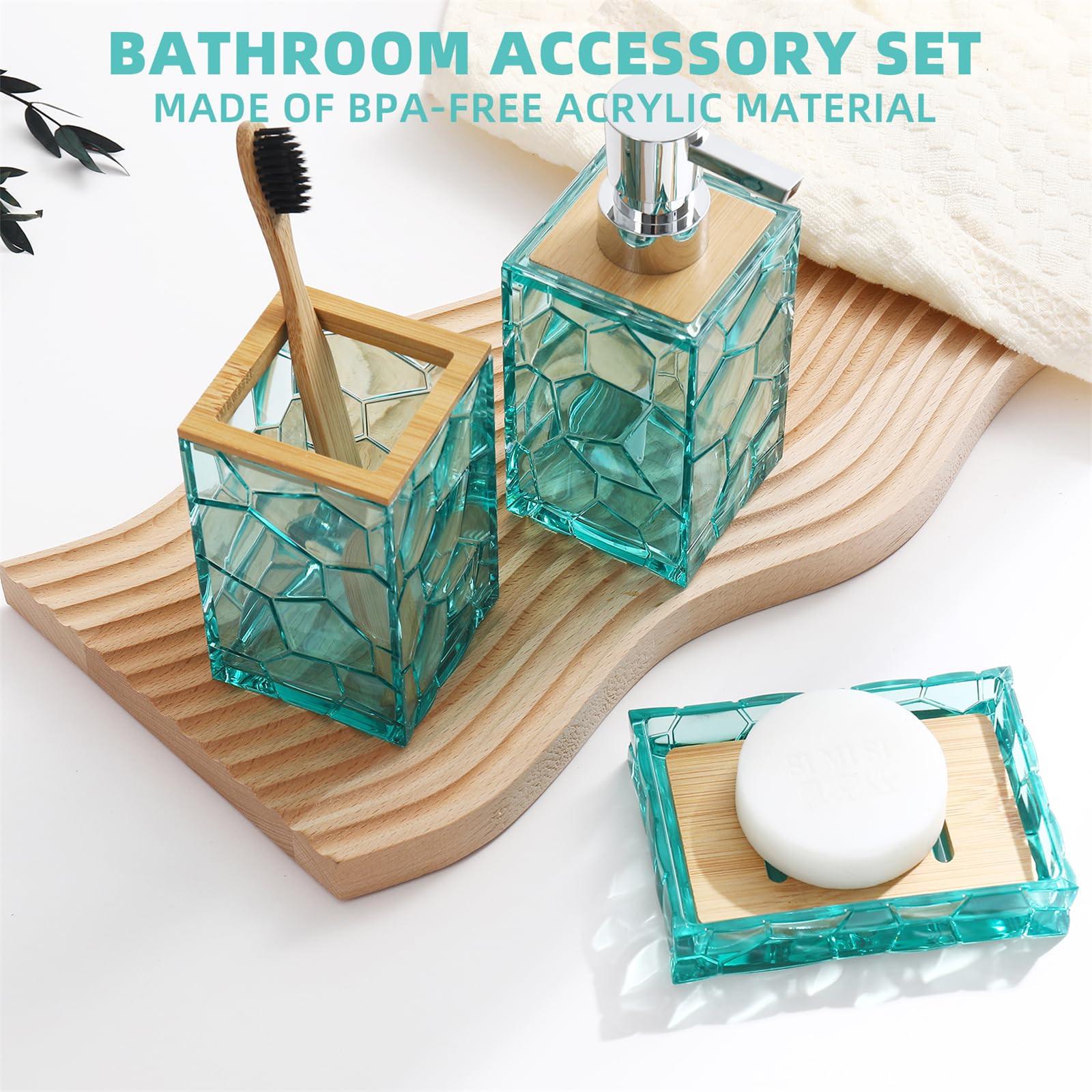 Teal Blue Beach Bathroom Accessories Set - Acrylic Toothbrush Holder, Soap Dispenser, Cotton Swab Organizer, Soap Dish & Toilet Brush with Holder | Boho Coastal Decor for Bathroom, Guest Room & Vacation Homes