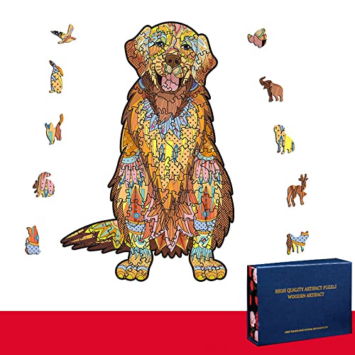 Premium Wooden Jigsaw Puzzles for Adults & Kids - Unique Animal Shaped Educational Toys with Storage Box (Golden Retriever) - Perfect for Family Game Night, Classroom Activities & Stress Relief