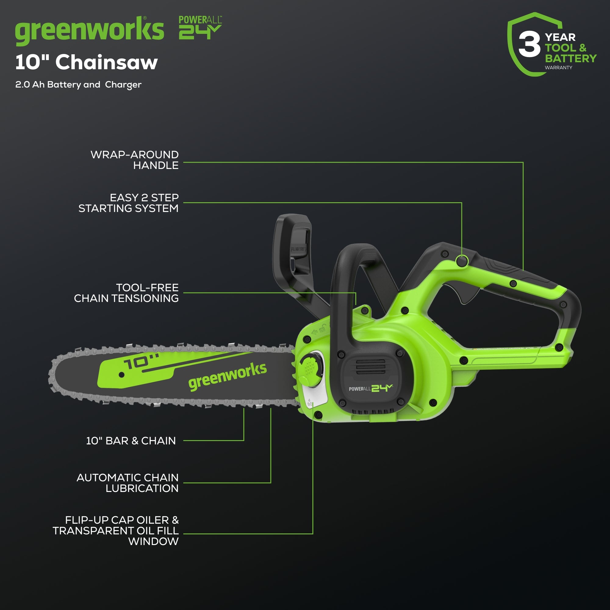 24V 10-Inch Cordless Battery Chainsaw with 2.0Ah USB Rechargeable Battery & Fast Charger - Lightweight Electric Chainsaw for Tree Trimming, Wood Cutting, and DIY Home Projects