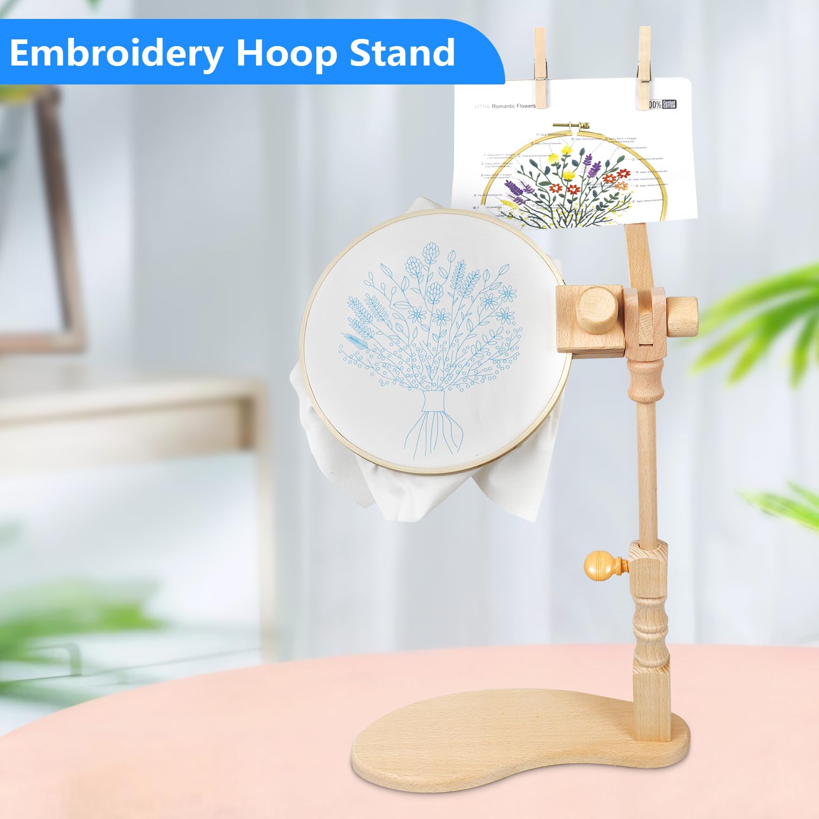 SolidGnik Small Wooden Embroidery Stand - Adjustable Rotating Cross Stitch Hoop Holder for Needlework - Perfect for Hand Embroidery, Cross Stitch Projects & Crafting at Home