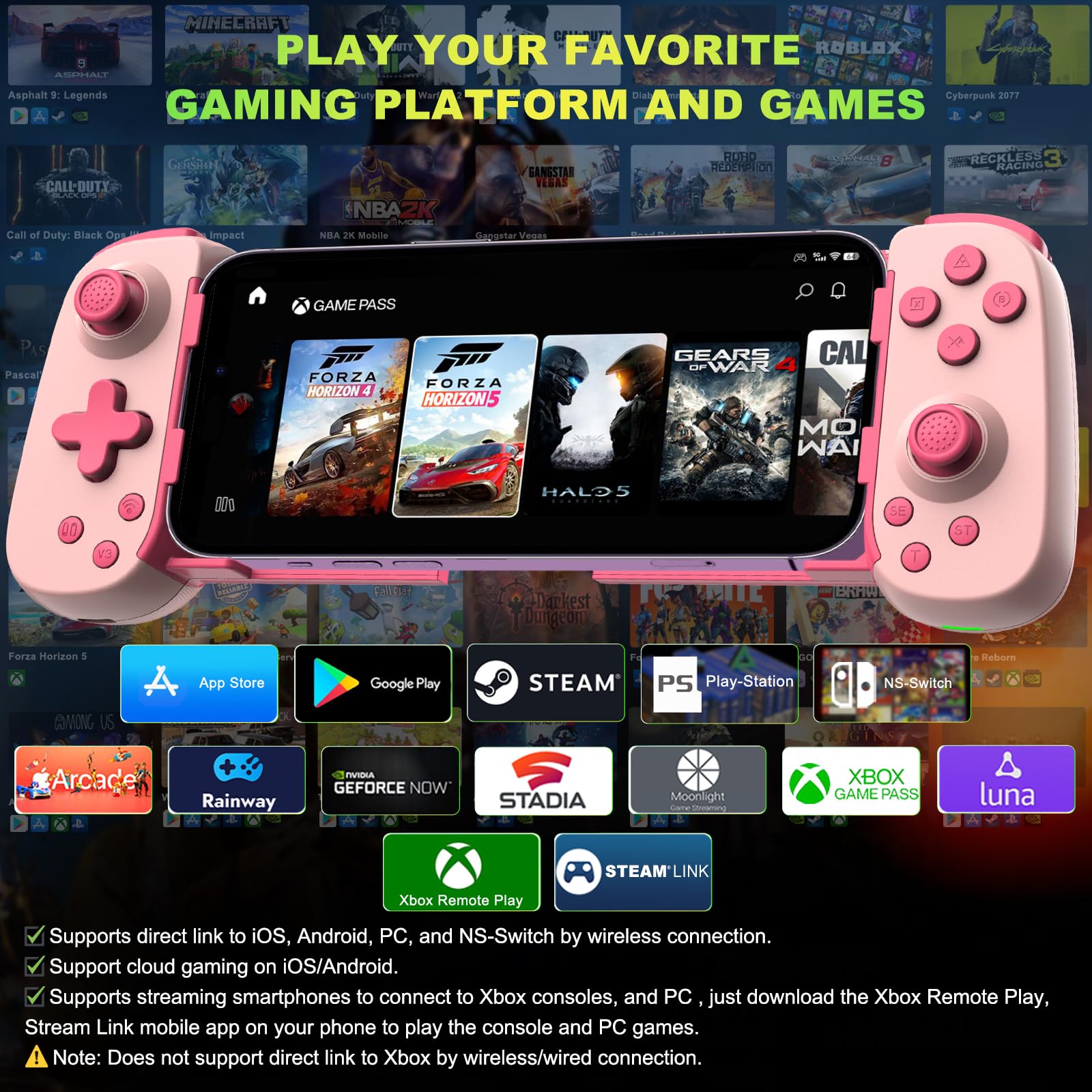 Wireless Bluetooth Game Controller for iPhone, Android, PC, iPad, Tablet, Switch, PS4, PS5 - MFi Certified Gaming Joystick with Turbo, 6-Axis Gyro & Dual Motors - Compatible with PS/Xbox/PC Cloud Gaming & Streaming - Pink - Perfect for Mobile Gaming, Console Gaming & Arcade Games