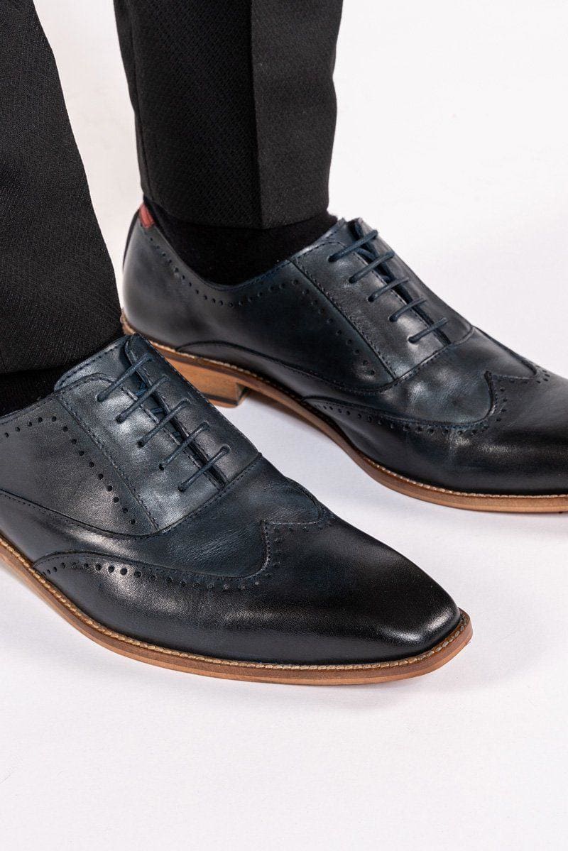 Marc Darcy Carson Navy Wingtip Oxford Brogue Shoes for Men - Classic Dress Shoes for Business, Formal & Wedding Occasions