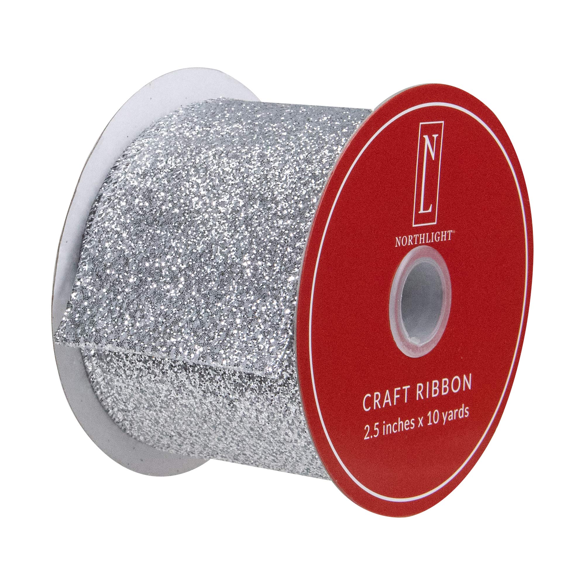 Northlight Silver Glitter Christmas Wired Ribbon 2.5 Inch x 10 Yards - Perfect for Holiday Decorations, Gift Wrapping, Tree Trimming and DIY Crafts