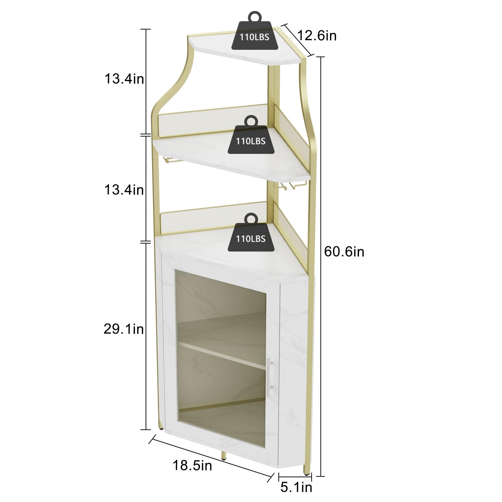 Premium Corner Wine Bar Cabinet - Large Storage Space, Removable Wine Rack & Glass Holder, 4-Tier Liquor Cabinet with Mesh Door - Gold Finish | Perfect for Home Bars, Kitchen Storage & Entertaining Guests