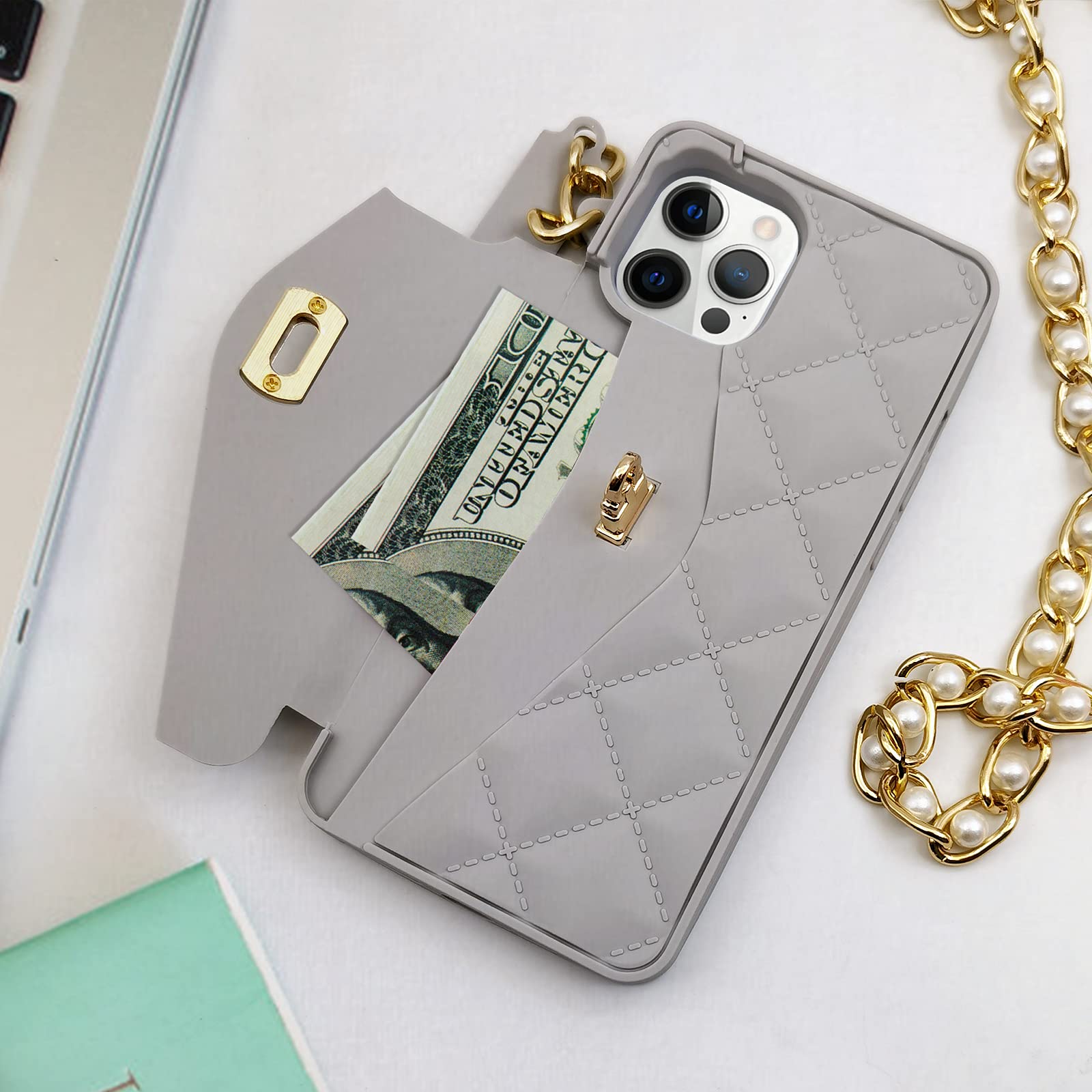 Luxury iPhone 13 Pro Max Wallet Case with Card Holder - Soft Silicone Cover with Pearl Chain Shoulder Strap & Wrist Lanyard - Perfect for Women & Girls (Gray) | Ideal for Everyday Use, Travel, Shopping & Hands-Free Convenience