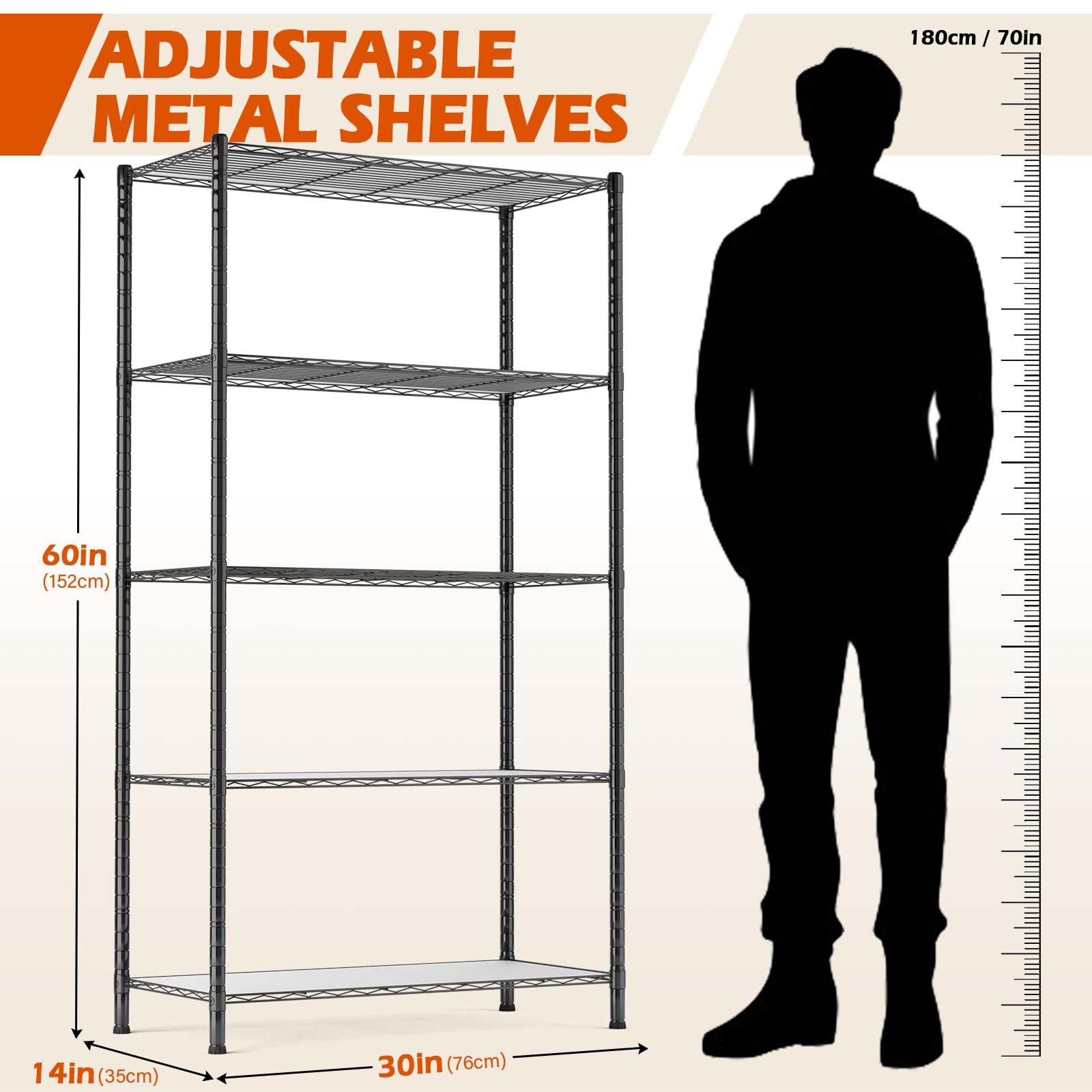5-Tier Heavy Duty Storage Shelves - Adjustable Steel Garage Shelving Unit with 150 lbs Capacity, 30