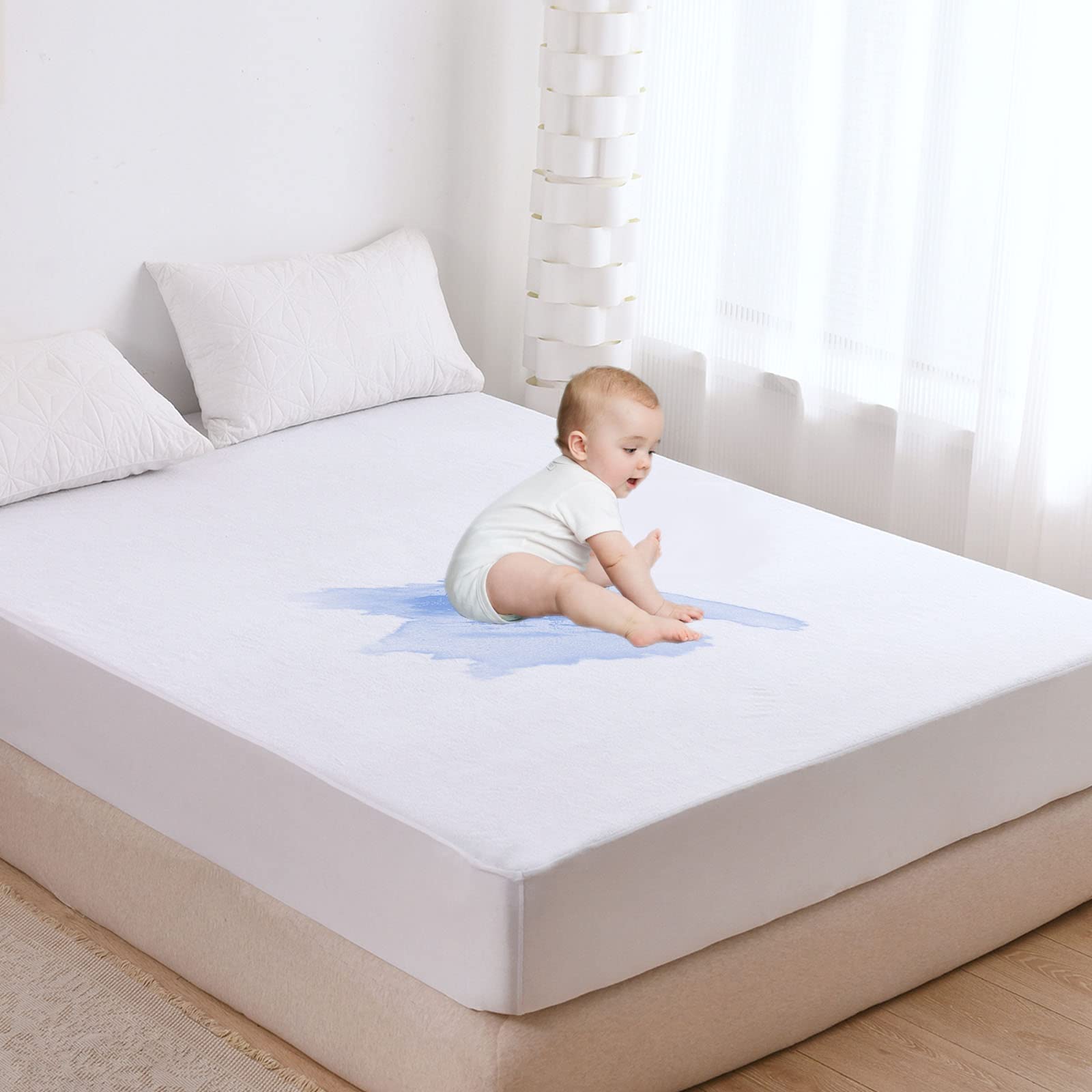 Alaskan King Waterproof Mattress Protector - 18 Inch Deep Pocket Fitted Sheet, Breathable Terry Cotton Cover for Bedding Protection (White) - Ideal for Allergy Relief, Kids, and Guest Rooms