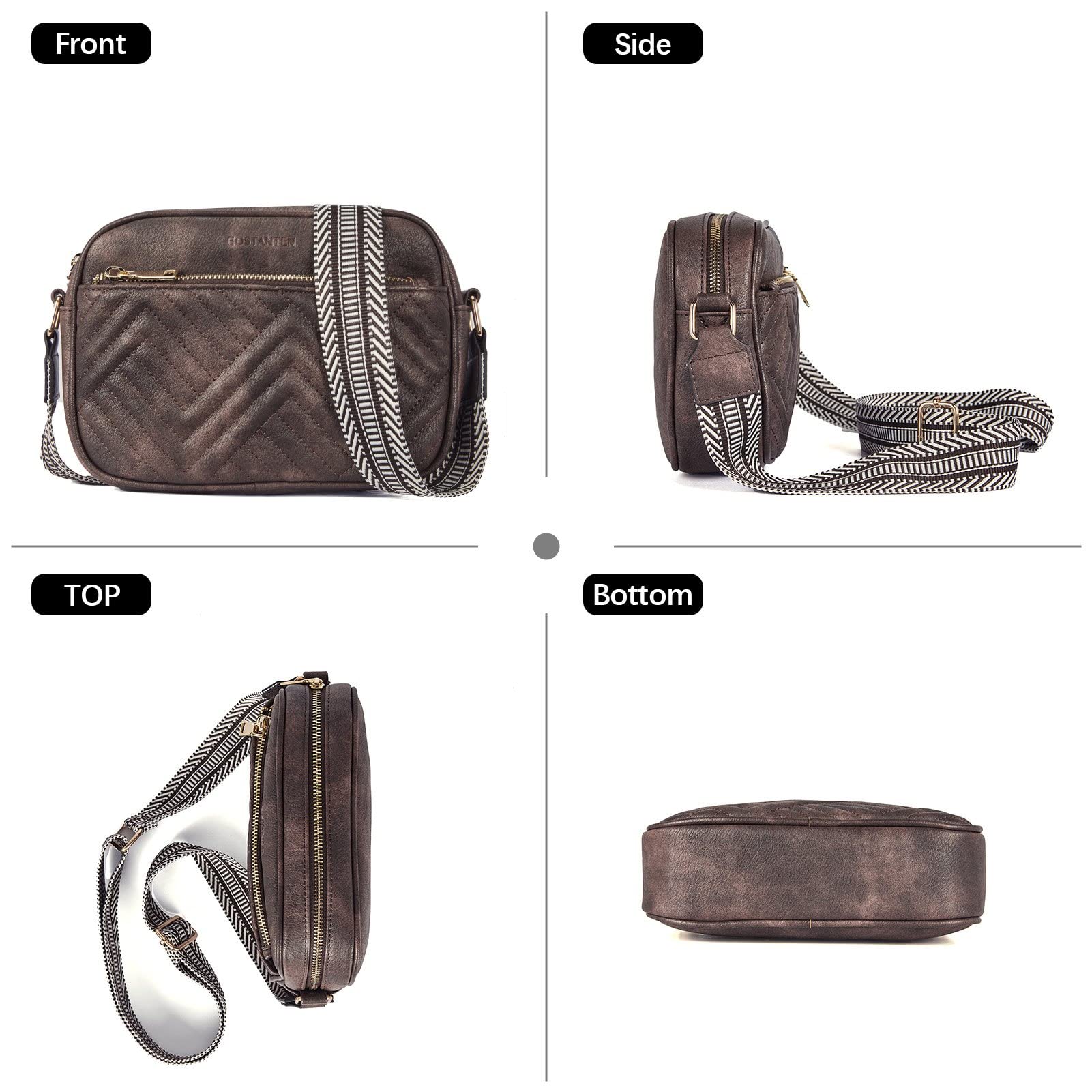 BOSTANTEN Vegan Leather Quilted Crossbody Bag for Women - Small Shoulder Purse with Wide Adjustable Strap - Perfect for Work, Travel & Everyday Use