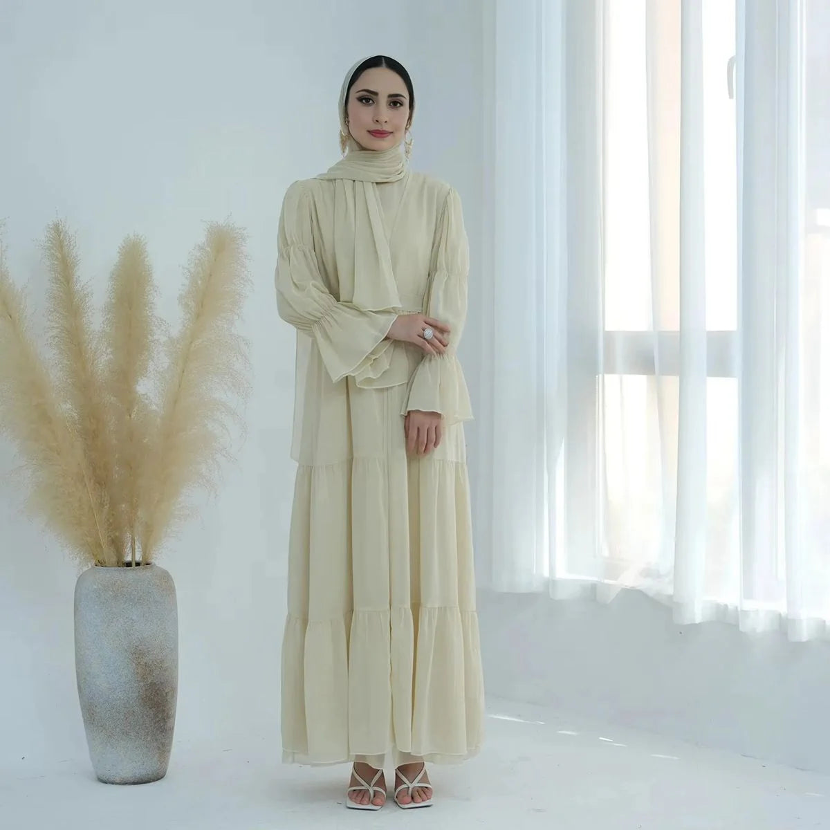2 Piece Set Chiffon Open Abaya Dress with Inner Dress - Elegant Muslim Women's Prayer Dress for Ramadan, Eid & Special Occasions #25866