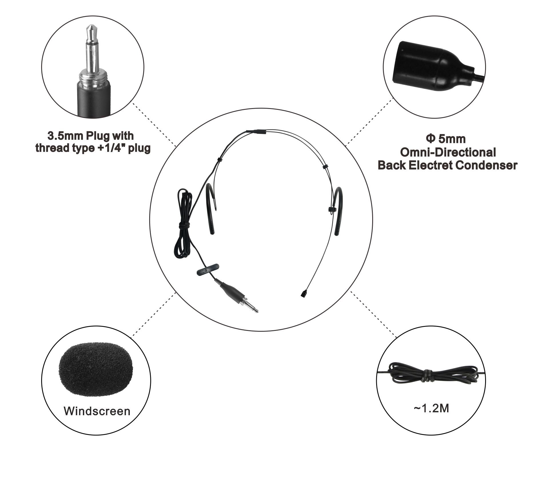 Single Ear Hanging Headset Microphone with 3.5mm & 1/4