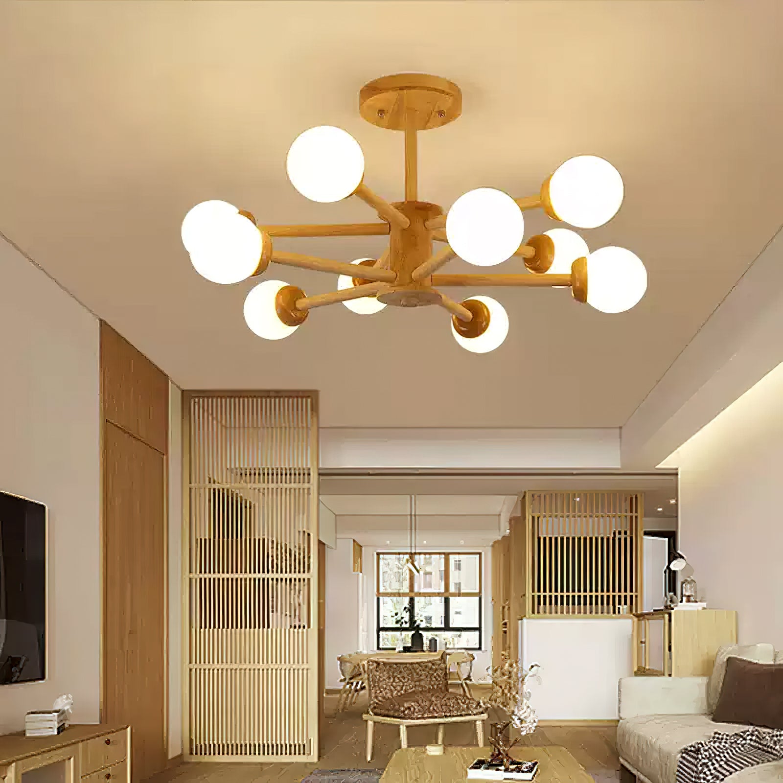 Modern Wooden Molecular Ceiling Light Fixture - Handcrafted Geometric Pendant Lighting for Living Room, Dining Room & Bedroom - Stylish Home Decor & Ambient Lighting Solution