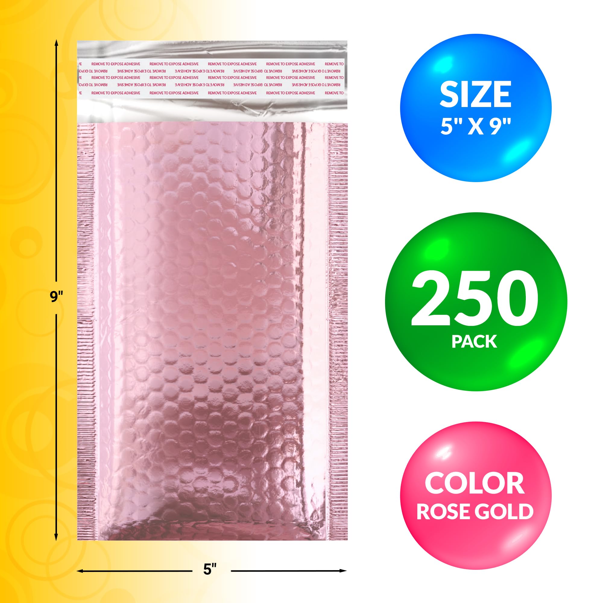 250 Pack 5x9 Inch Rose Gold Bubble Mailers - Self Seal Padded Shipping Envelopes with Bubble Lining, Plastic Foil Mailing Bags for Small Business | Perfect for Ecommerce, Jewelry, Cosmetics & Gift Packaging