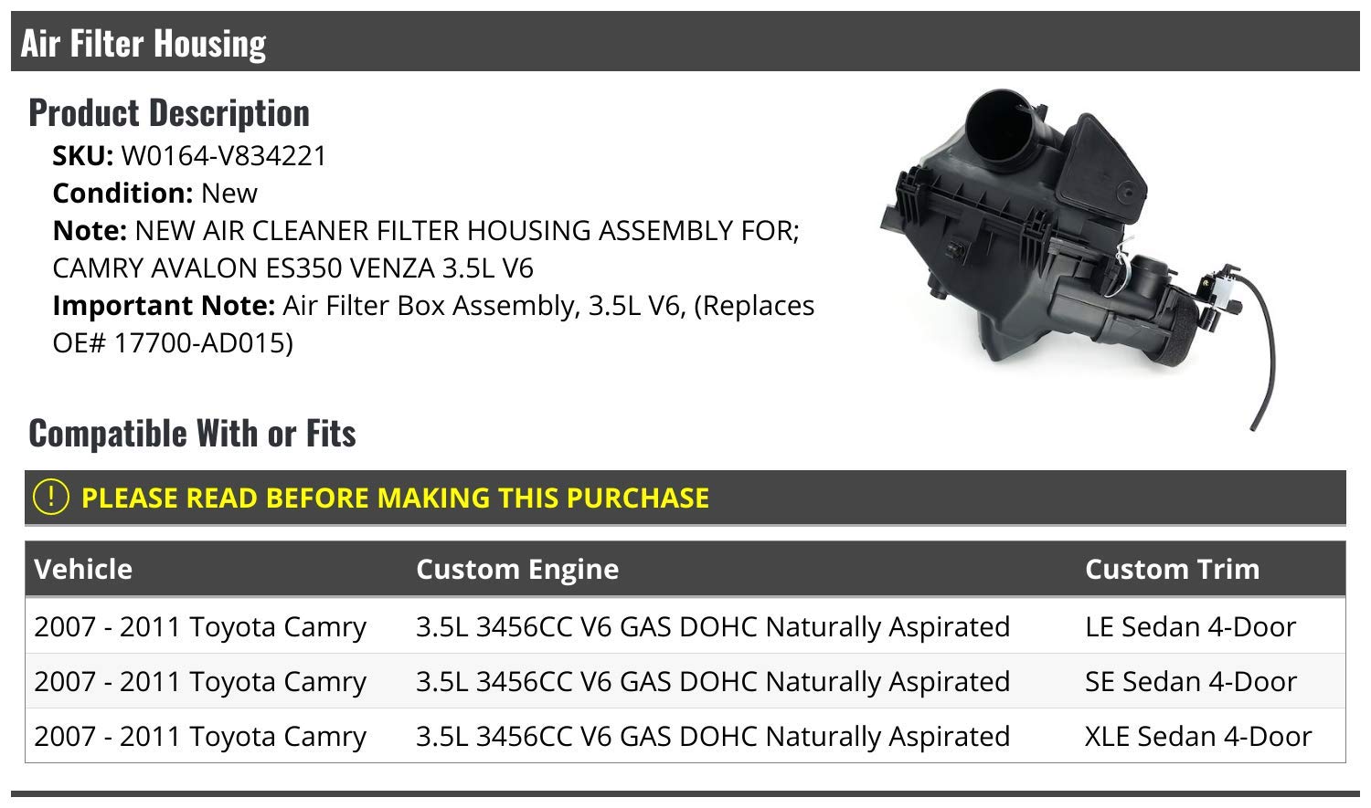 Toyota Camry 3.5L V6 Air Filter Housing Replacement (2007-2011) - High Performance Engine Air Intake System for Improved Fuel Efficiency & Smooth Driving