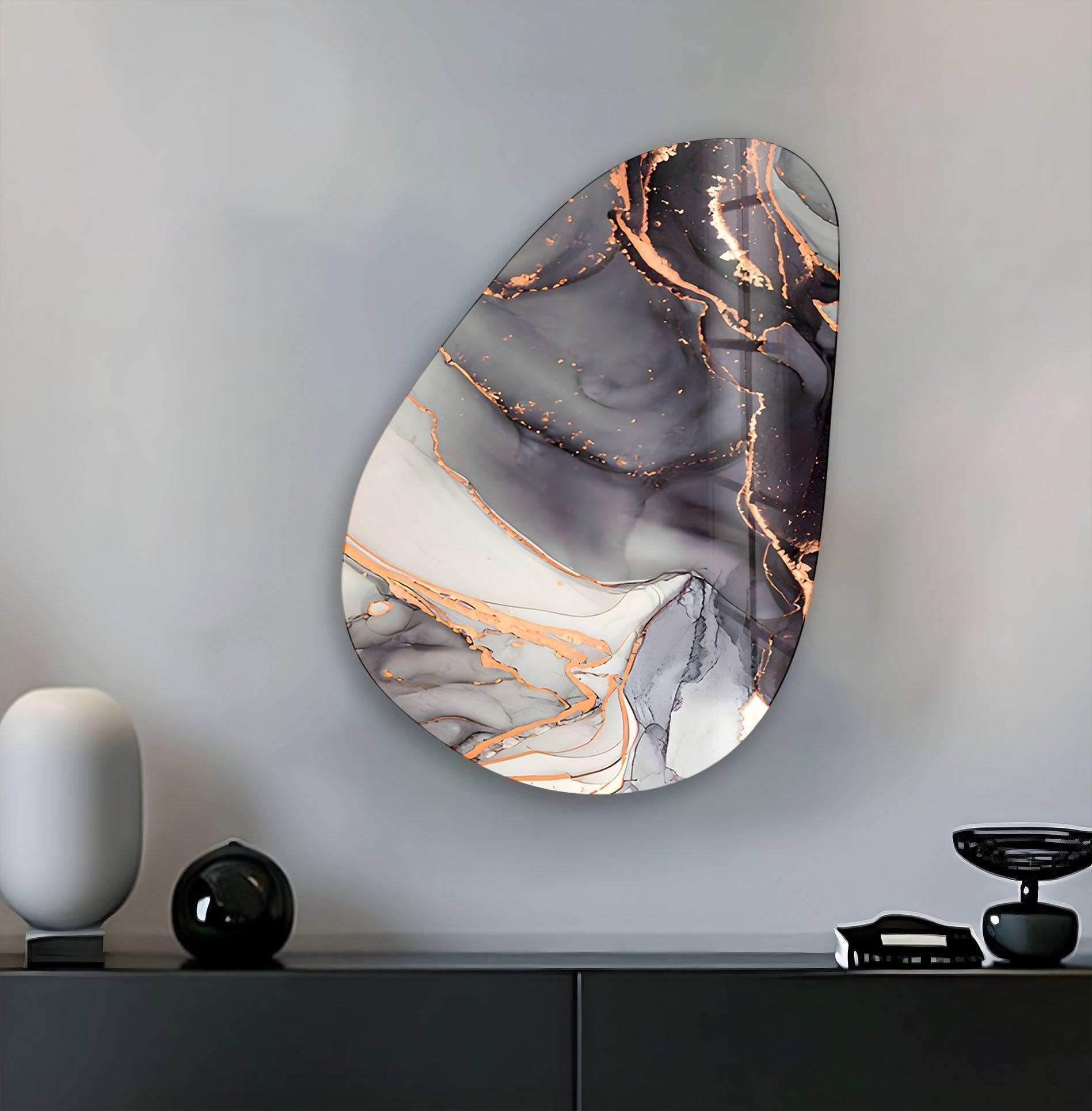 Asymmetrical Oval Black White Golden Glass Wall Art - Modern Abstract Home Decor for Living Room, Bedroom, Office | Unique Handmade Glass Artwork