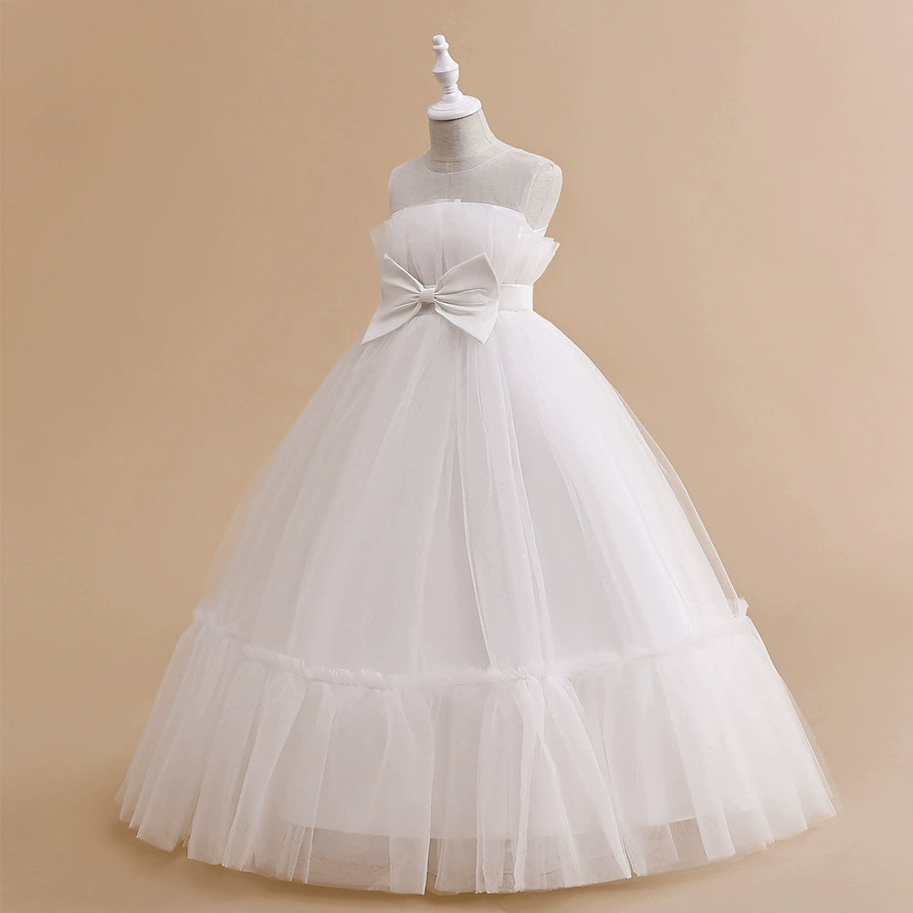 Elegant White Princess Round Floor Length Tulle Flower Girl Dress for Weddings, Baptisms & Special Occasions