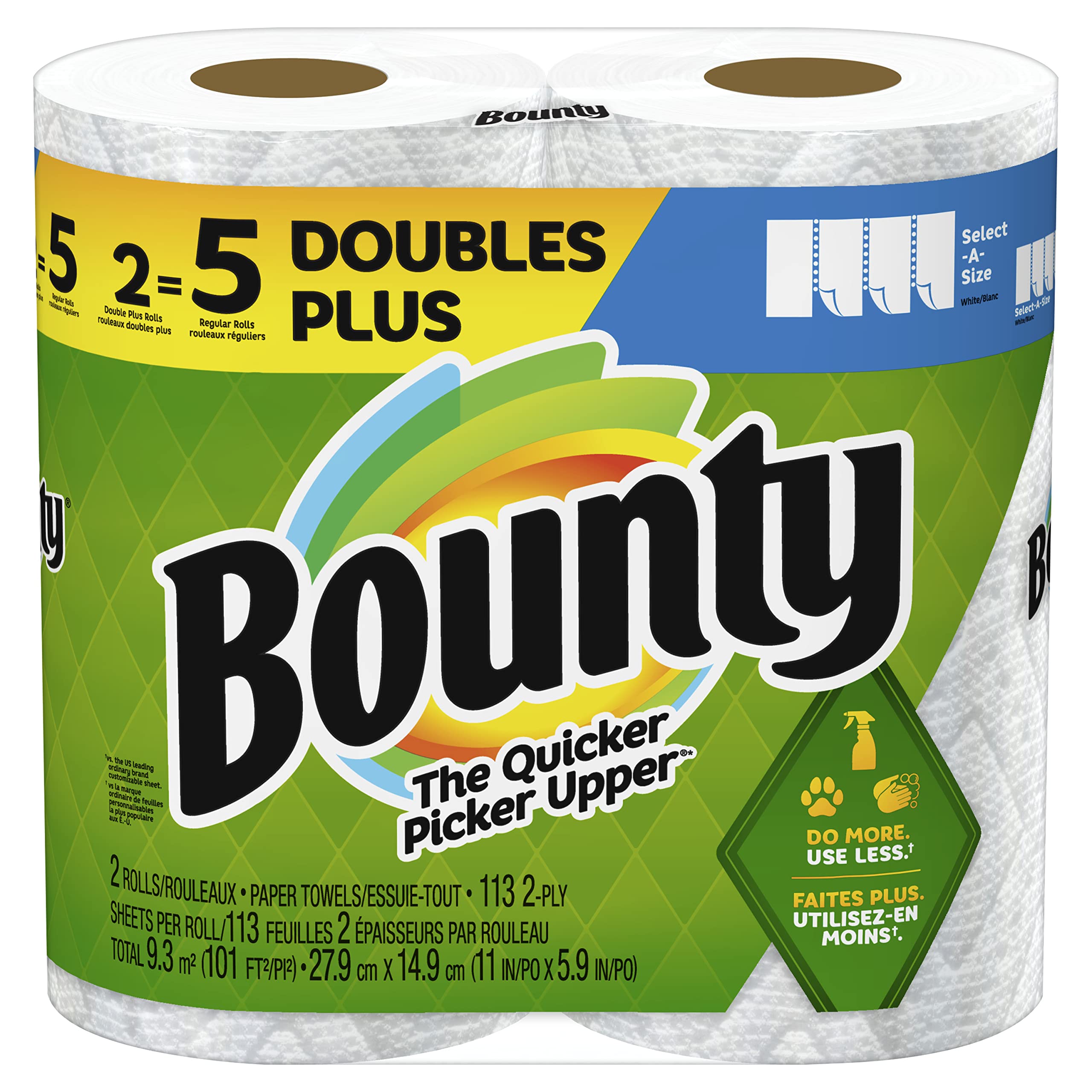 Bounty Select-A-Size Paper Towels, White, 2 Double Plus Rolls (Equivalent to 5 Regular Rolls) | Quick Absorbing Kitchen Towels for Spills, Cleaning & Household Use