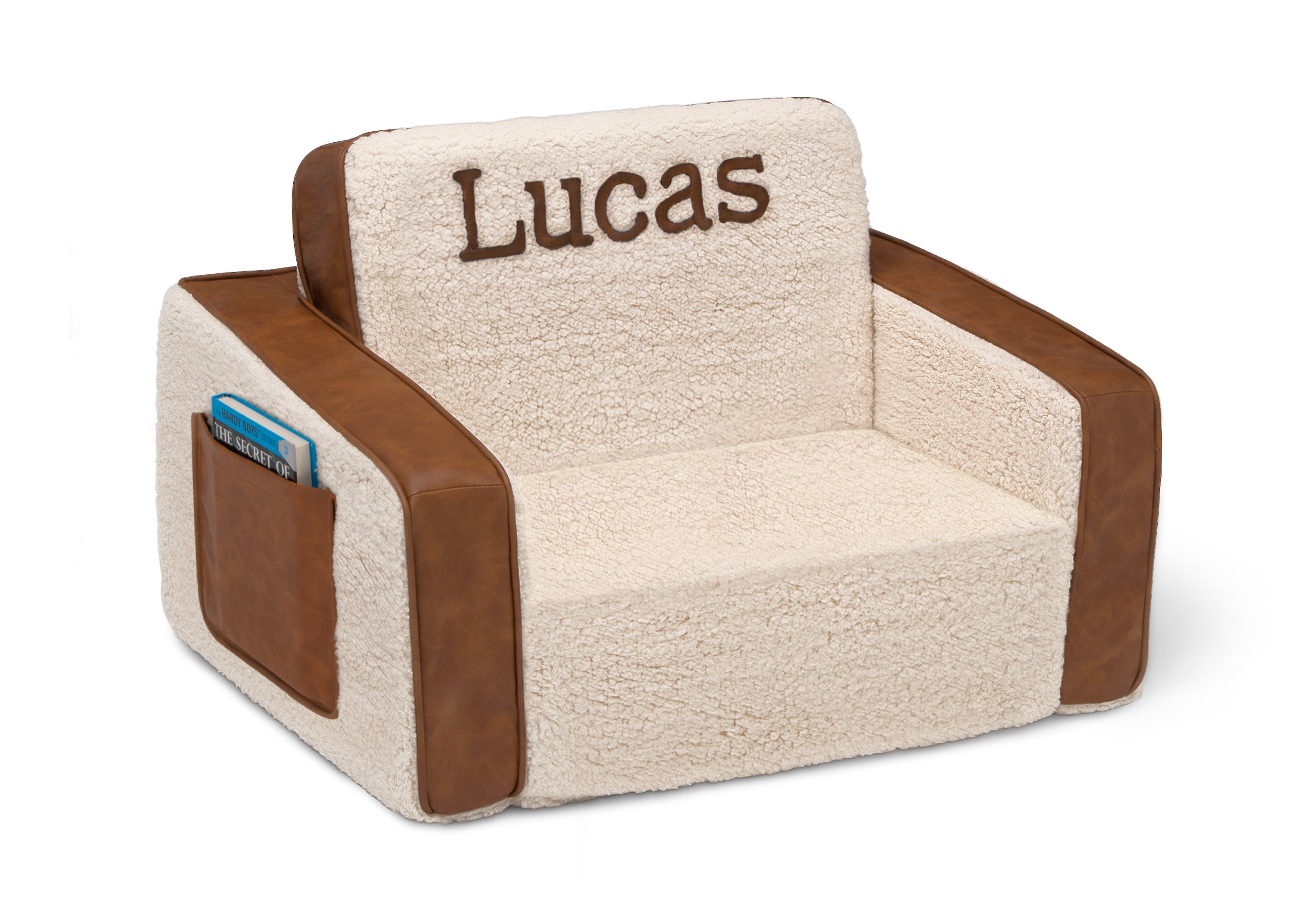 Personalized Cozee Flip Out Sherpa and Faux Leather 2-in-1 Convertible Chair to Lounger for Kids - Perfect for Bedroom, Playroom & Reading Nook Comfort