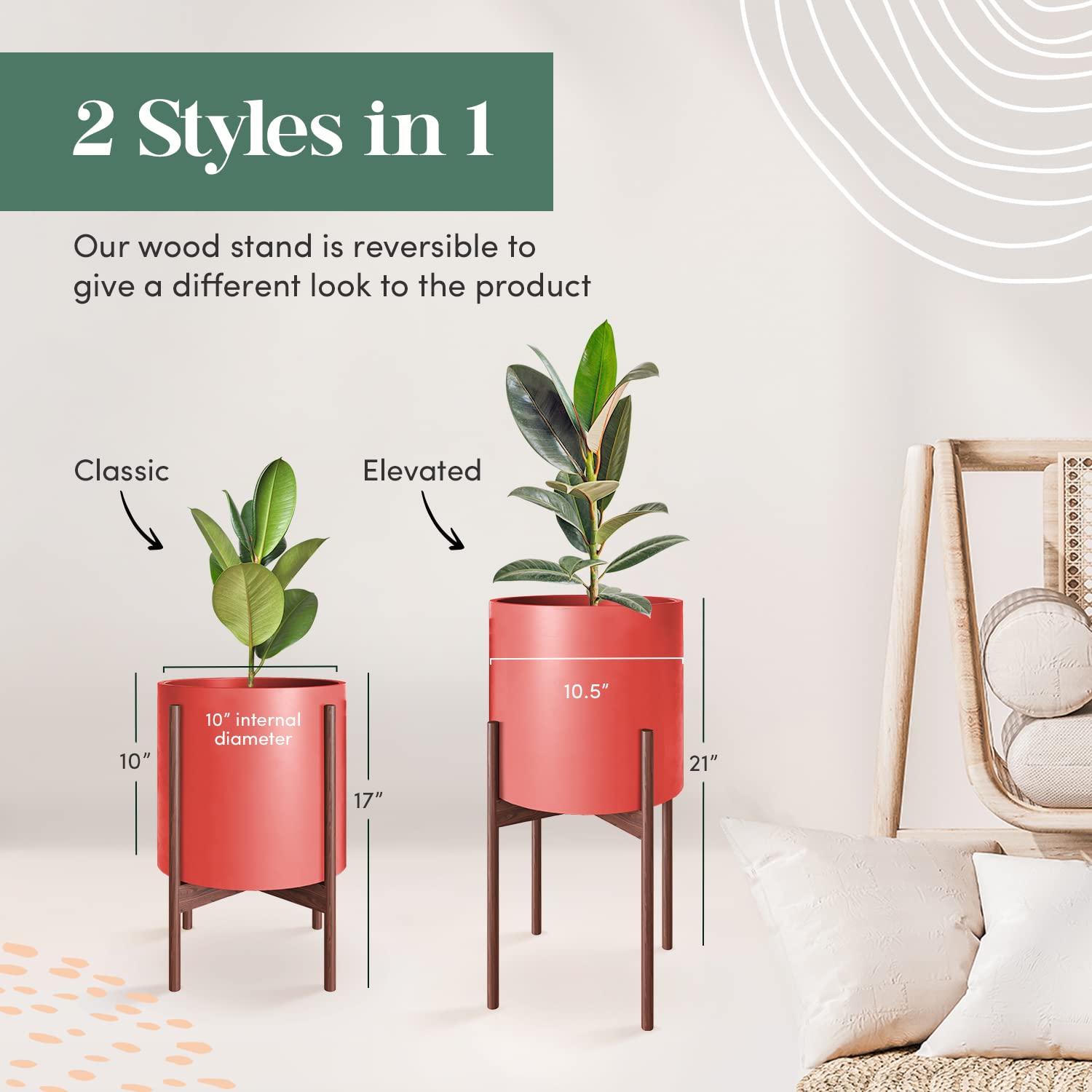 Mid Century Modern Plant Stand with 10 Inch Ceramic Pot - Tall Wooden Planter Holder for Indoor Plants & Flowers - Large Floor Planter with Wood Legs for Snake Plants, Succulents, Home & Office Decor - Red